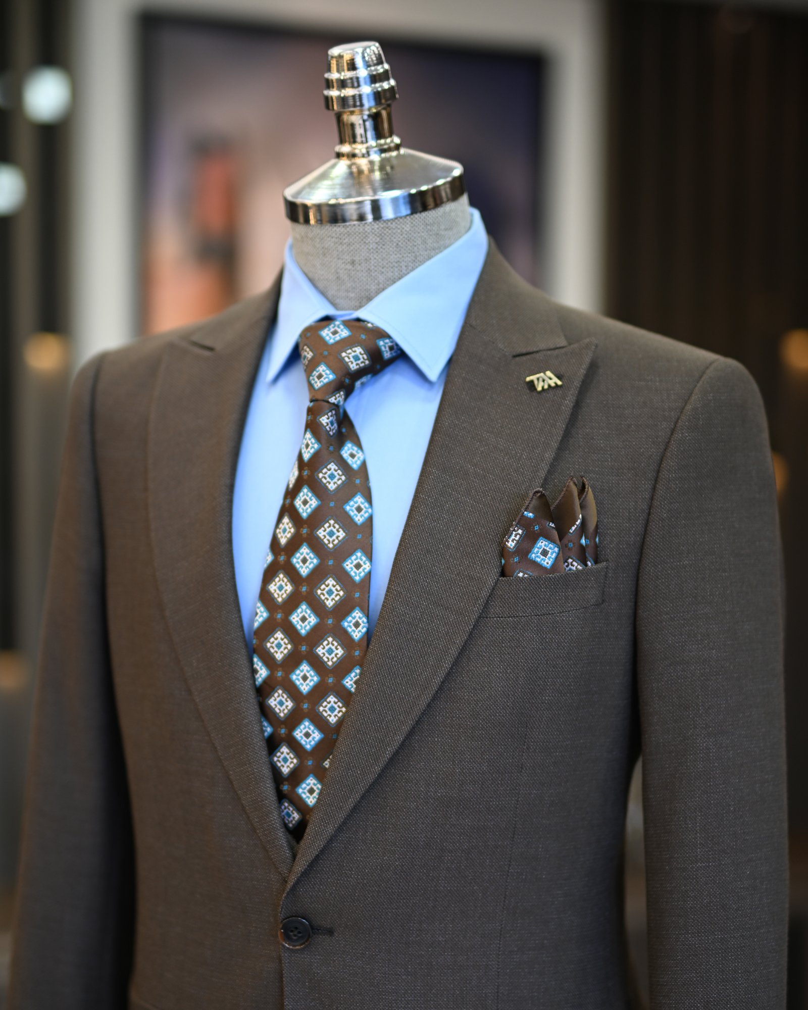 İtalyan stil slim fit erkek ceket yelek pantolon takım elbise kahverengi T11021