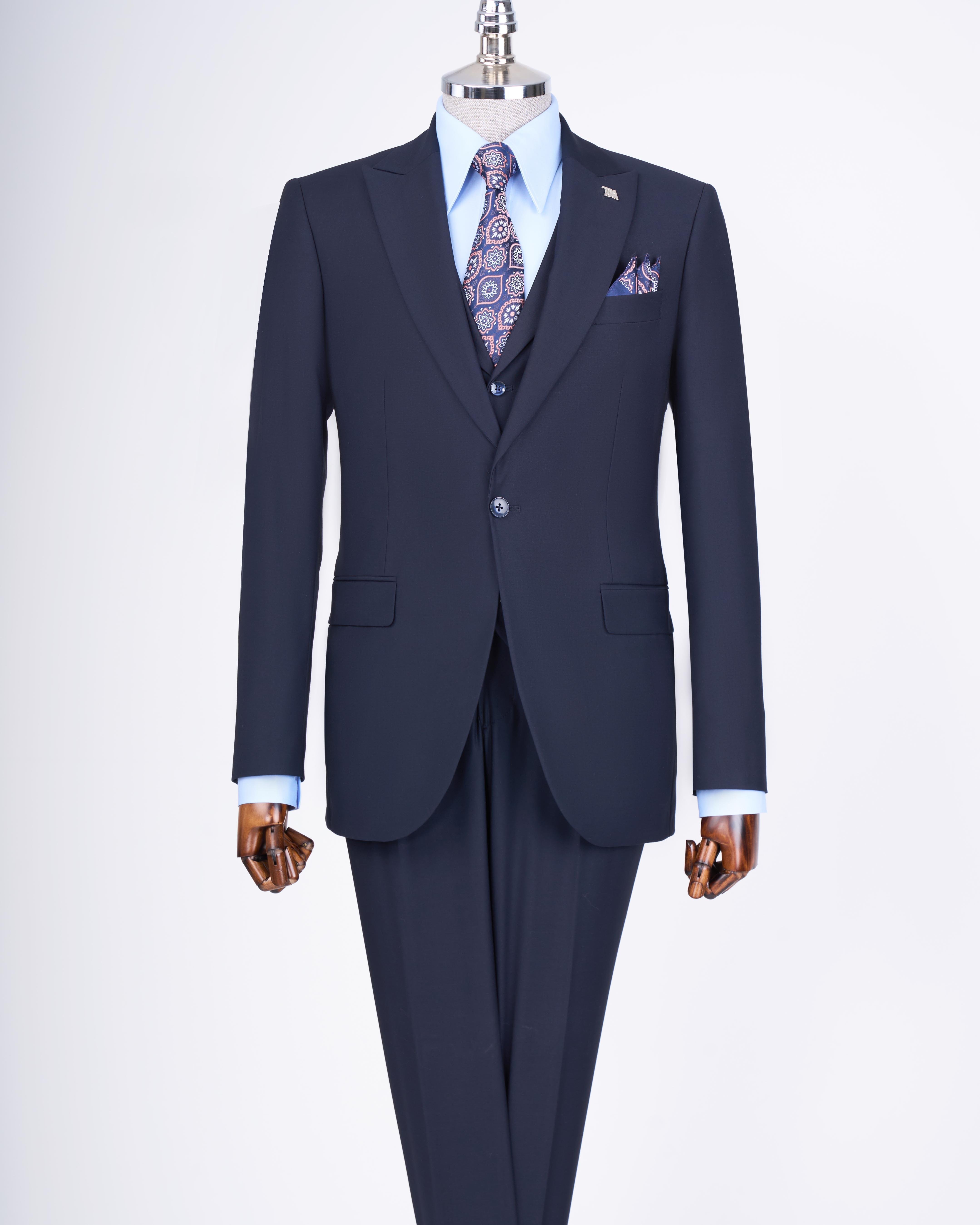 Italian style slim fit men's jacket vest pants suit navy blue T9023