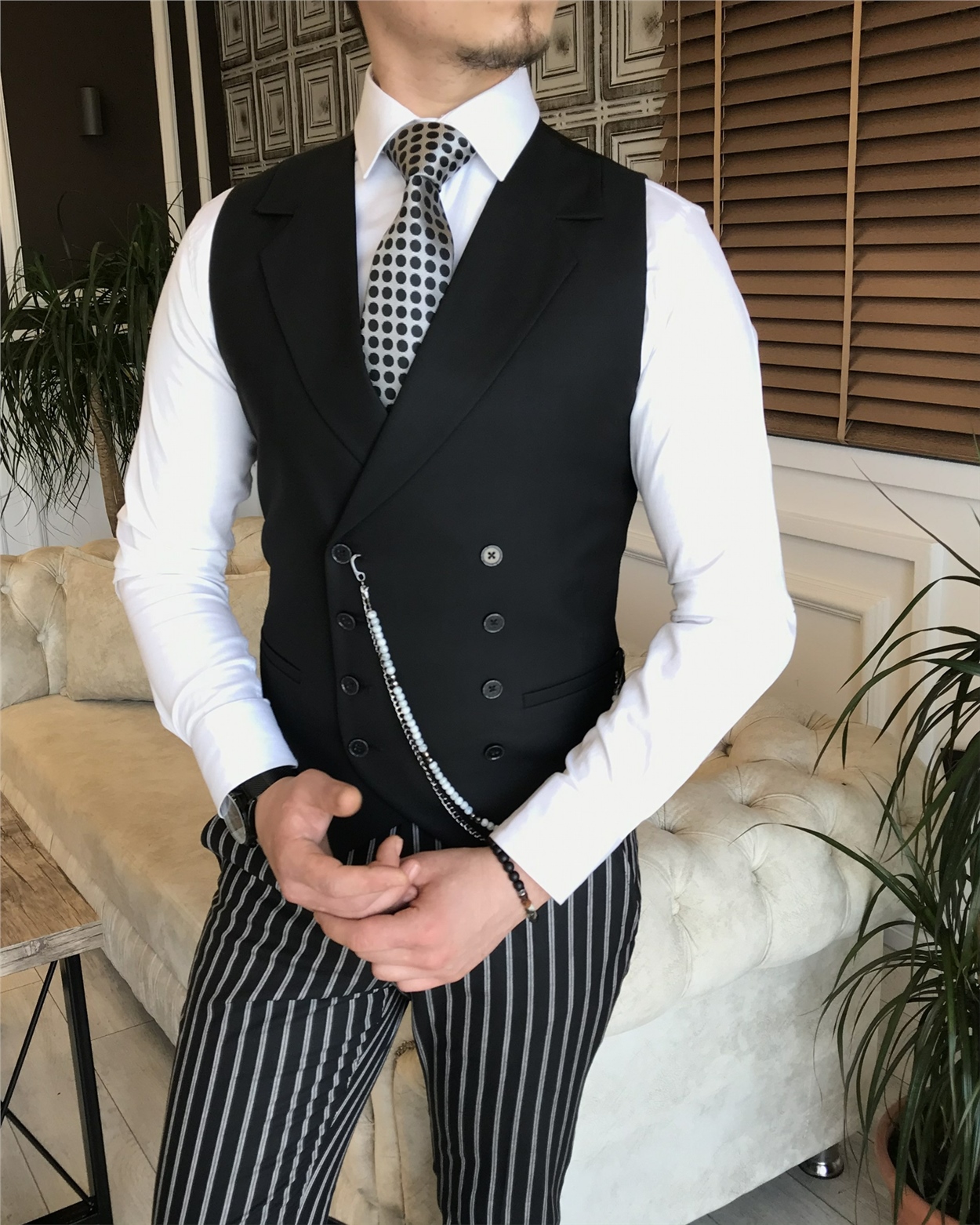 İtalyan stil slim fit erkek ceket yelek pantolon takım elbise siyah T5938