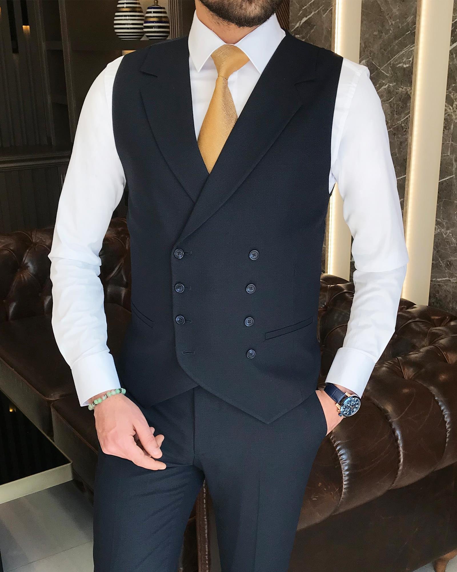Italian style slim fit men's jacket vest pant suit navy blue T9134
