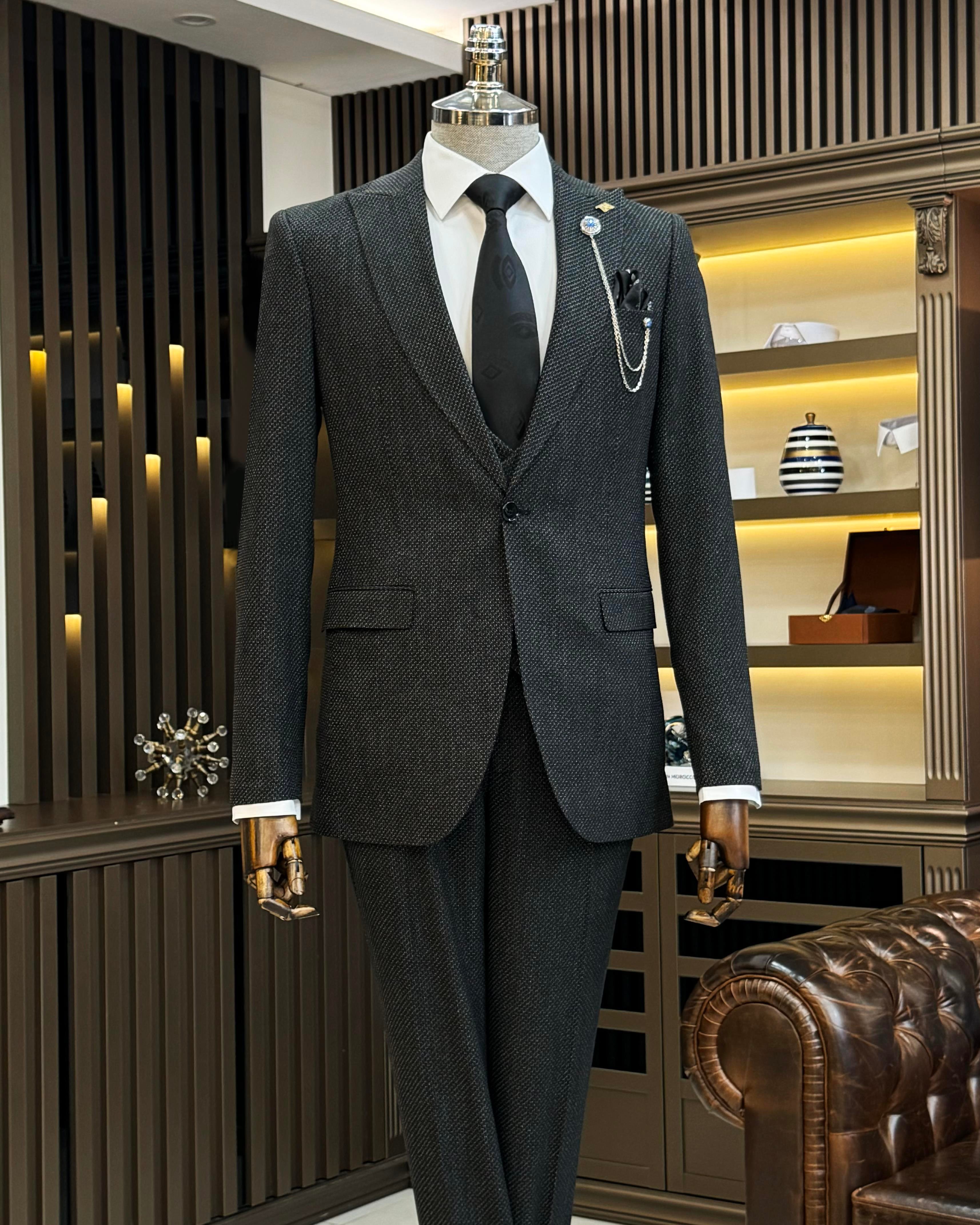  Italian style slim fit men's jacket vest trouser suit black T11027