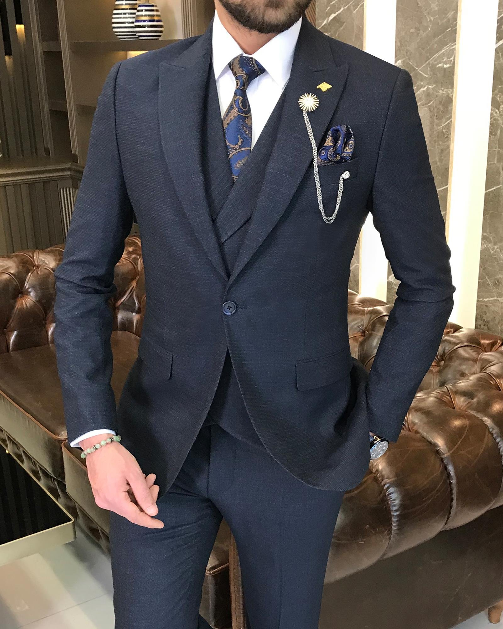 İtalyan stil slim fit erkek ceket yelek pantolon takım elbise lacivert T9118