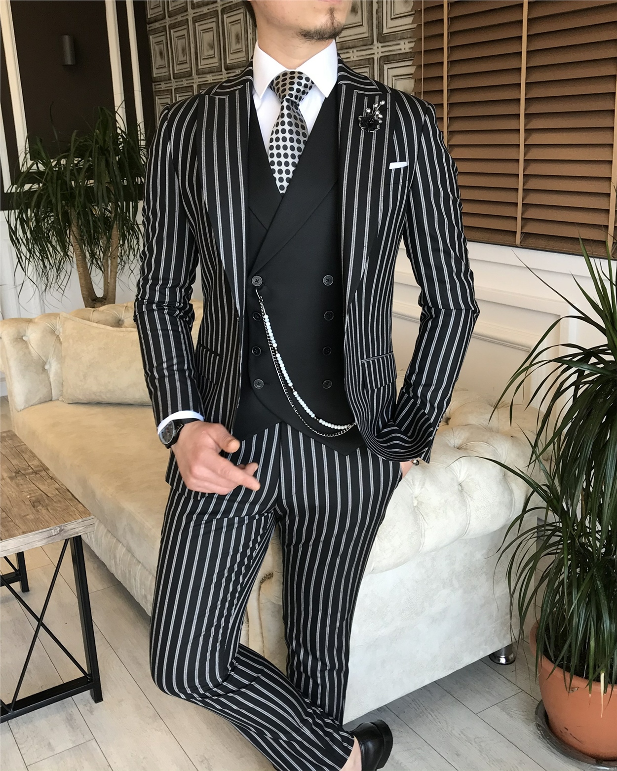 İtalyan stil slim fit erkek ceket yelek pantolon takım elbise siyah T5938