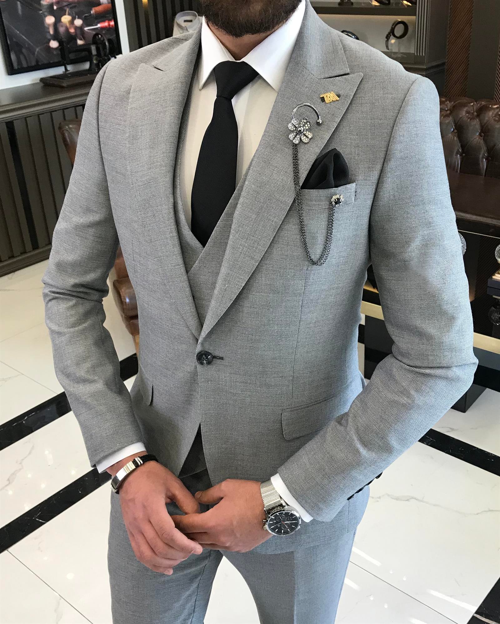Italian style slim fit men's jacket vest pant suit gray T9523