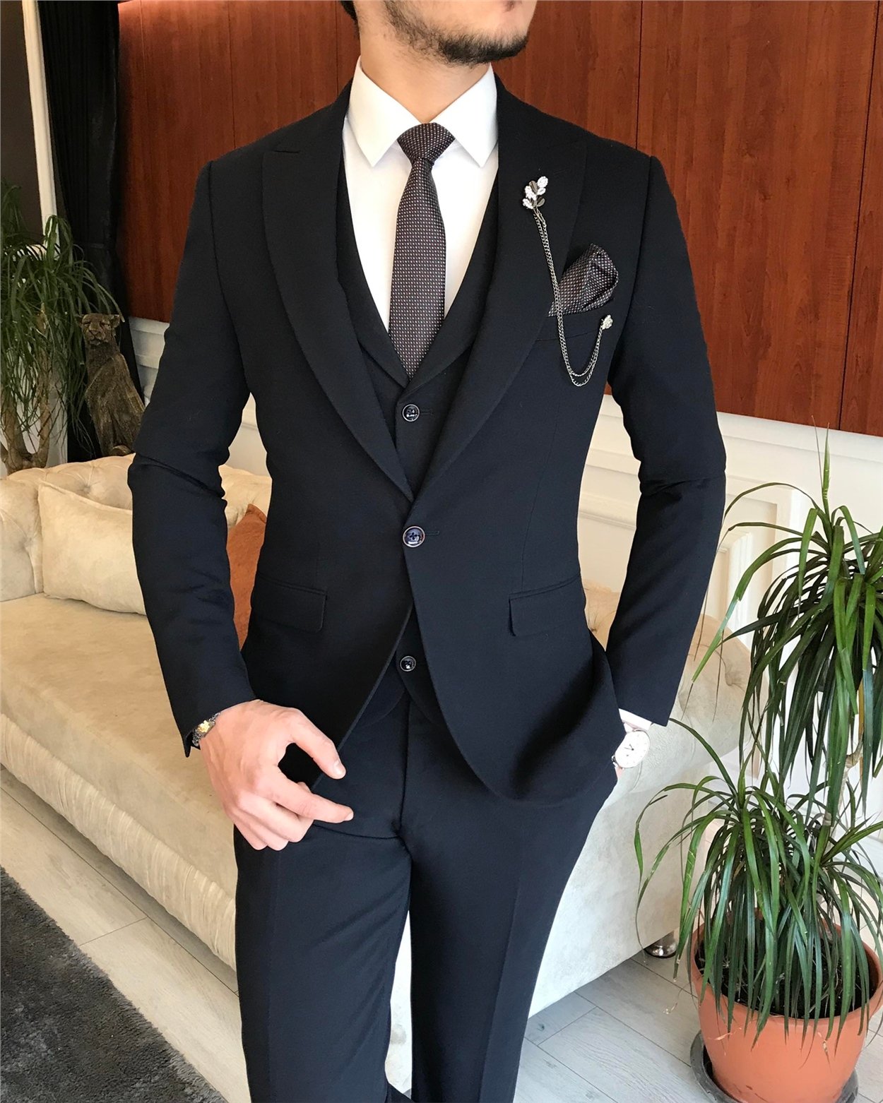 İtalyan stil slim fit erkek ceket yelek pantolon takım elbise lacivert T6646
