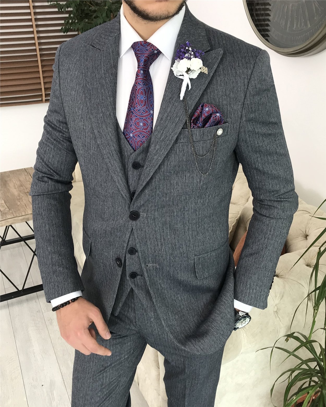 İtalyan stil slim fit erkek ceket yelek pantolon takım elbise Lacivert T8079