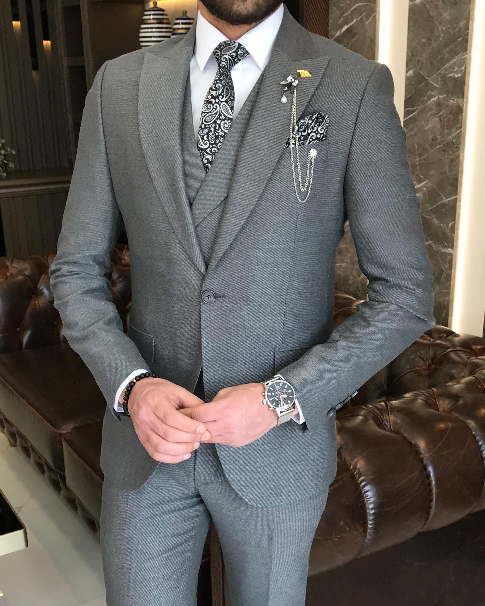 Italian style slim fit men's jacket vest pant suit gray T9121