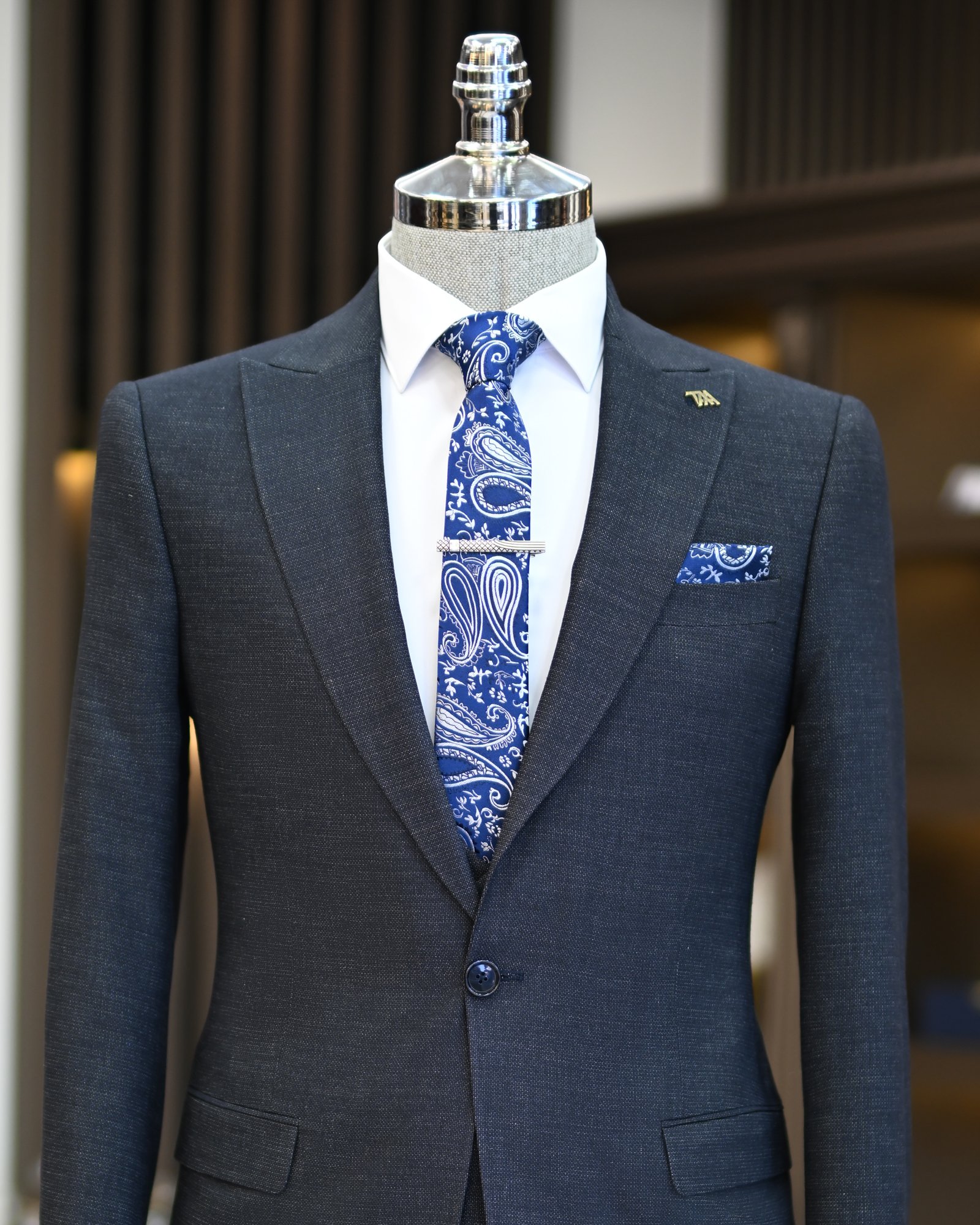 Italian style slim fit men's jacket vest trouser suit navy blue T11023
