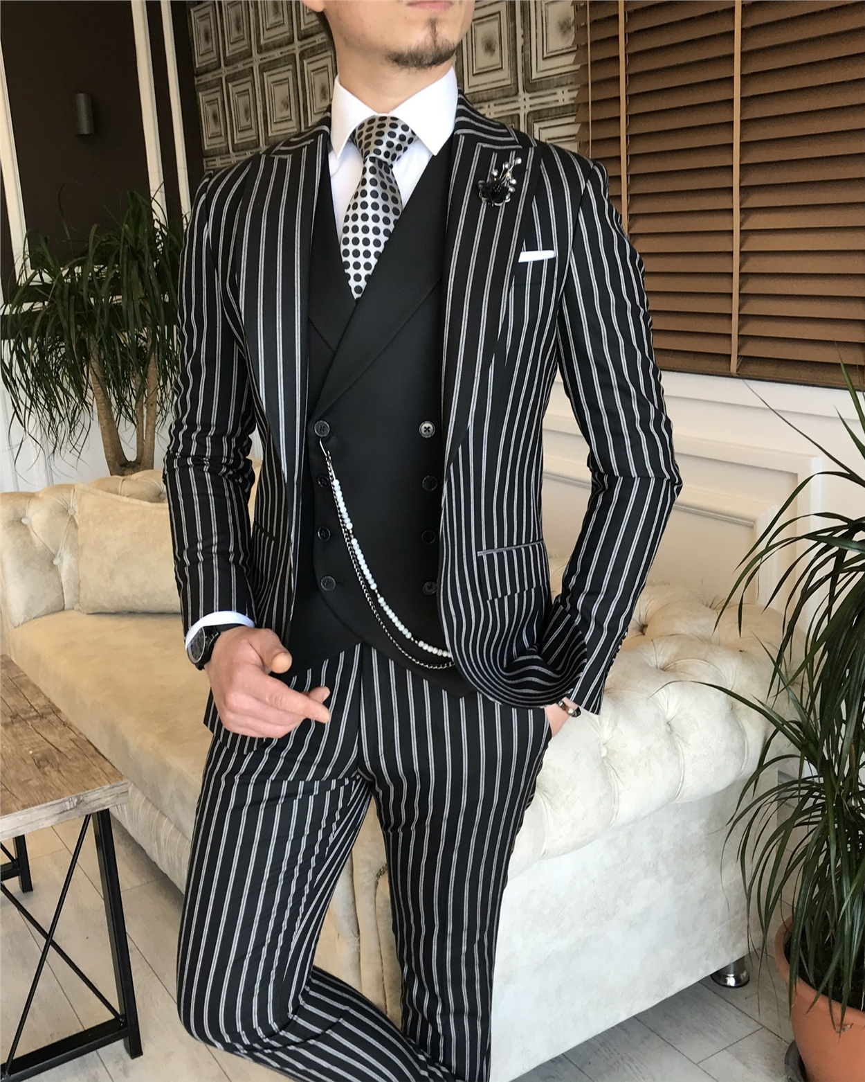 İtalyan stil slim fit erkek ceket yelek pantolon takım elbise siyah T5938