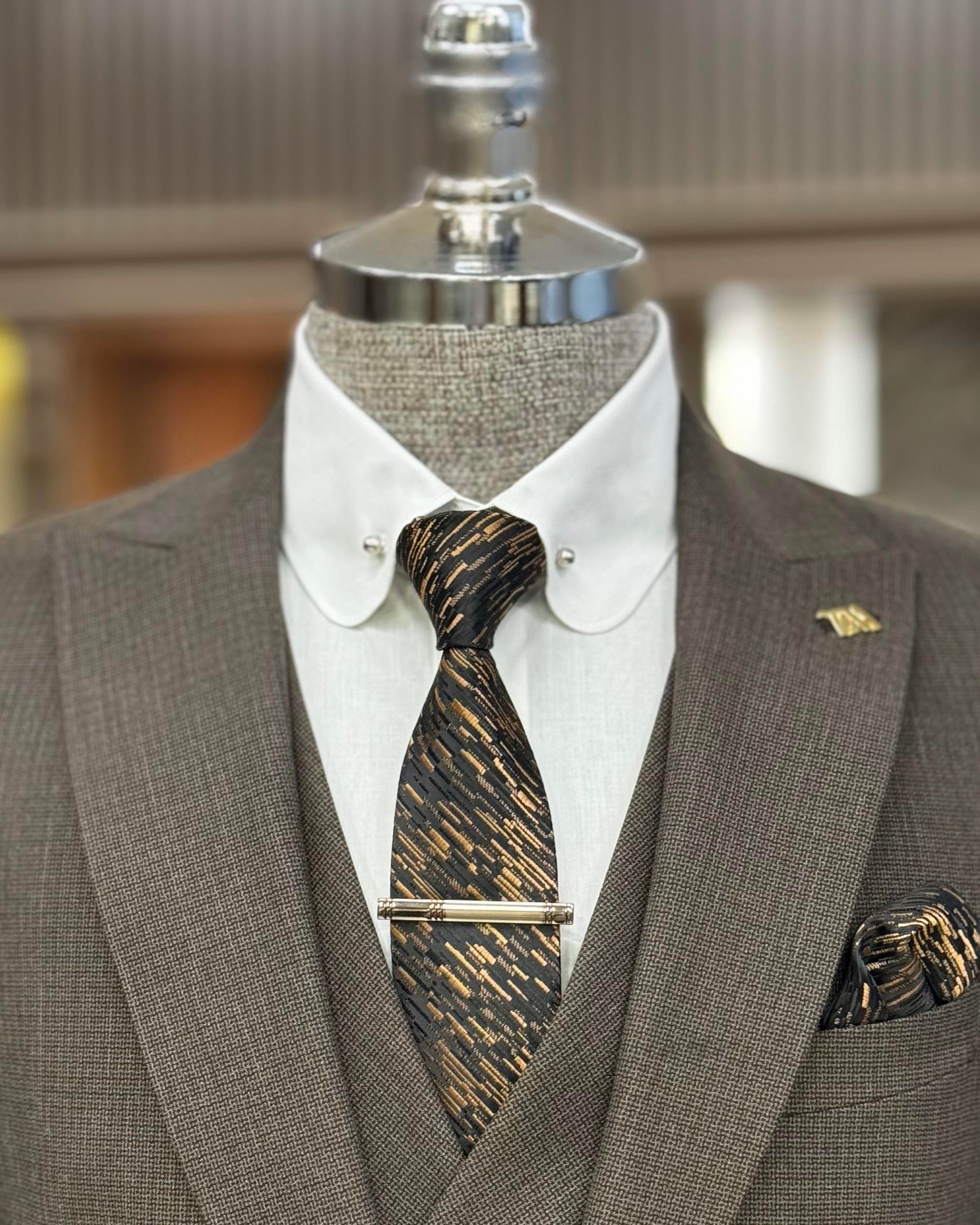 Italian style slim fit men's jacket vest pant suit Brown T10786