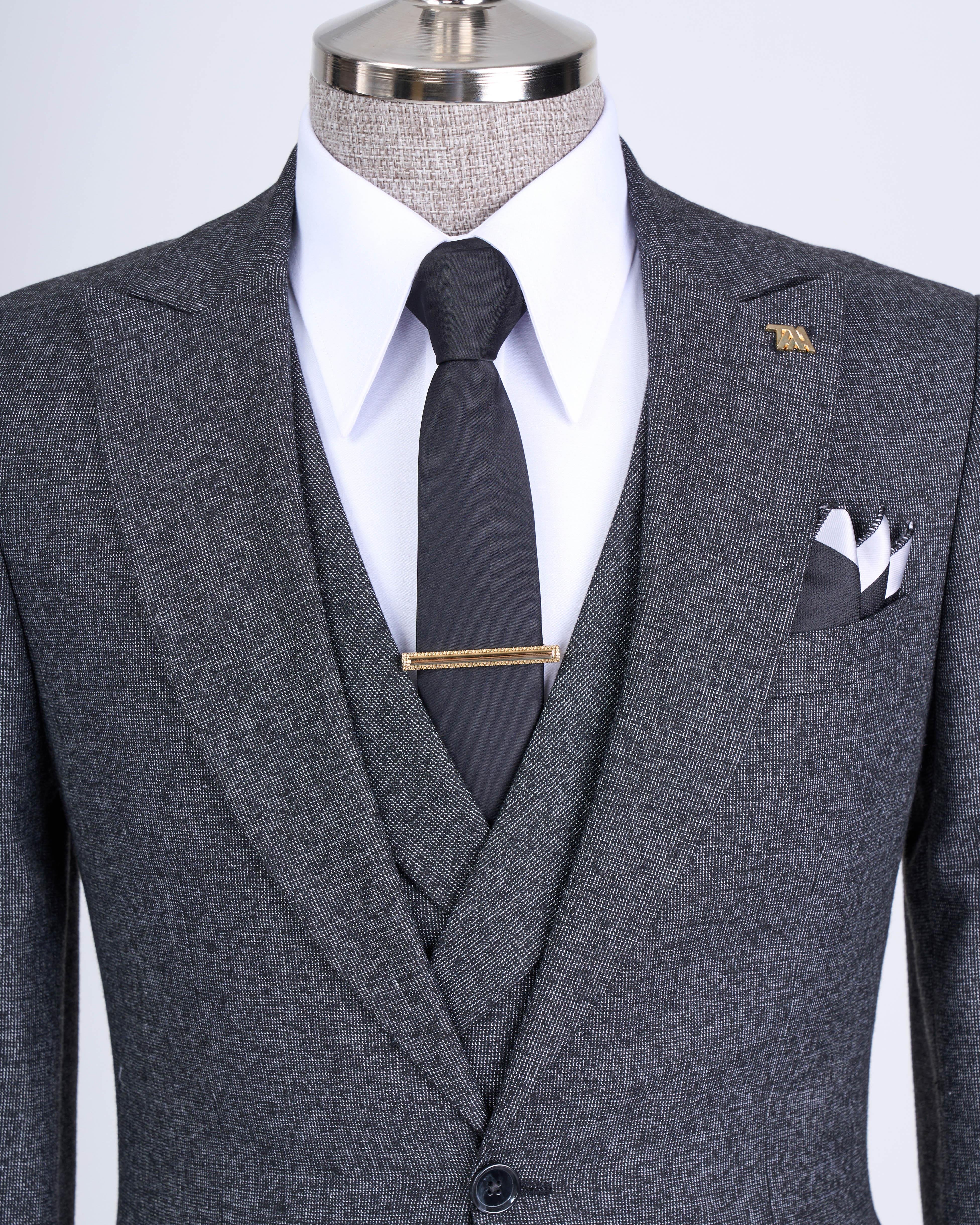 Italian style slim fit men's jacket vest pants suit black T9122