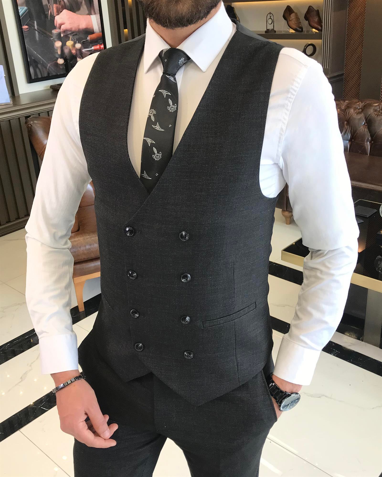 İtalyan stil slim fit erkek ceket yelek pantolon takım elbise siyah T9529