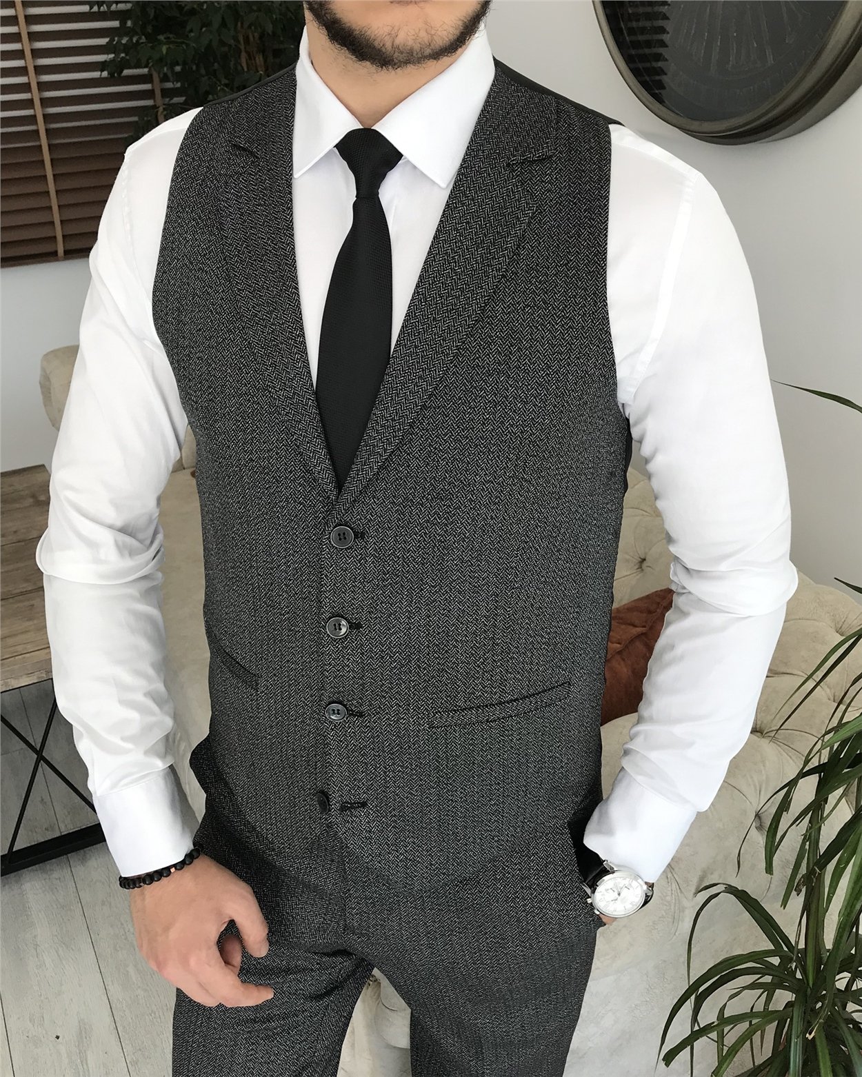 İtalyan stil slim fit erkek ceket yelek pantolon takım elbise Antrasit T8217