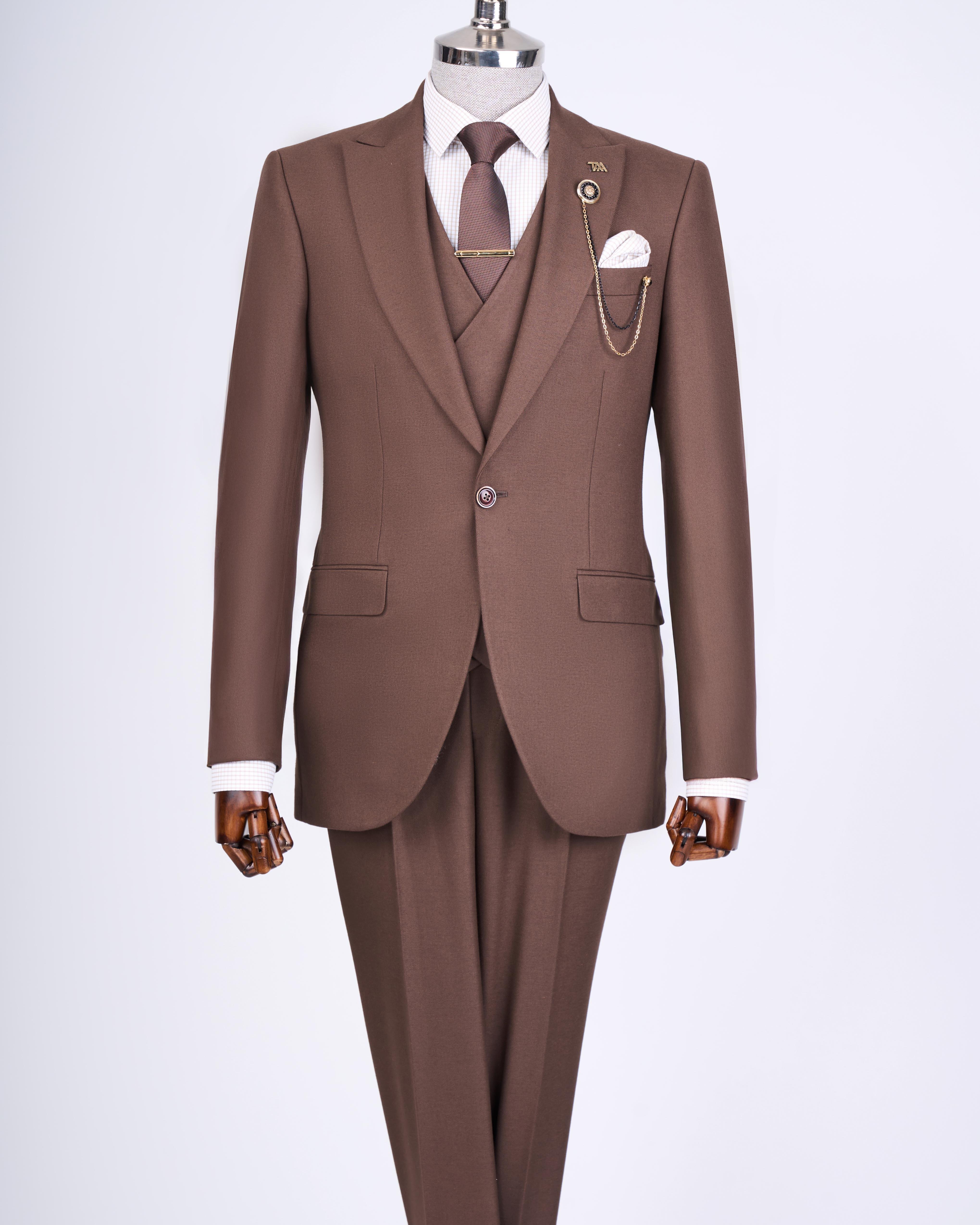 Italian style slim fit men's jacket vest pants suit brown T13463