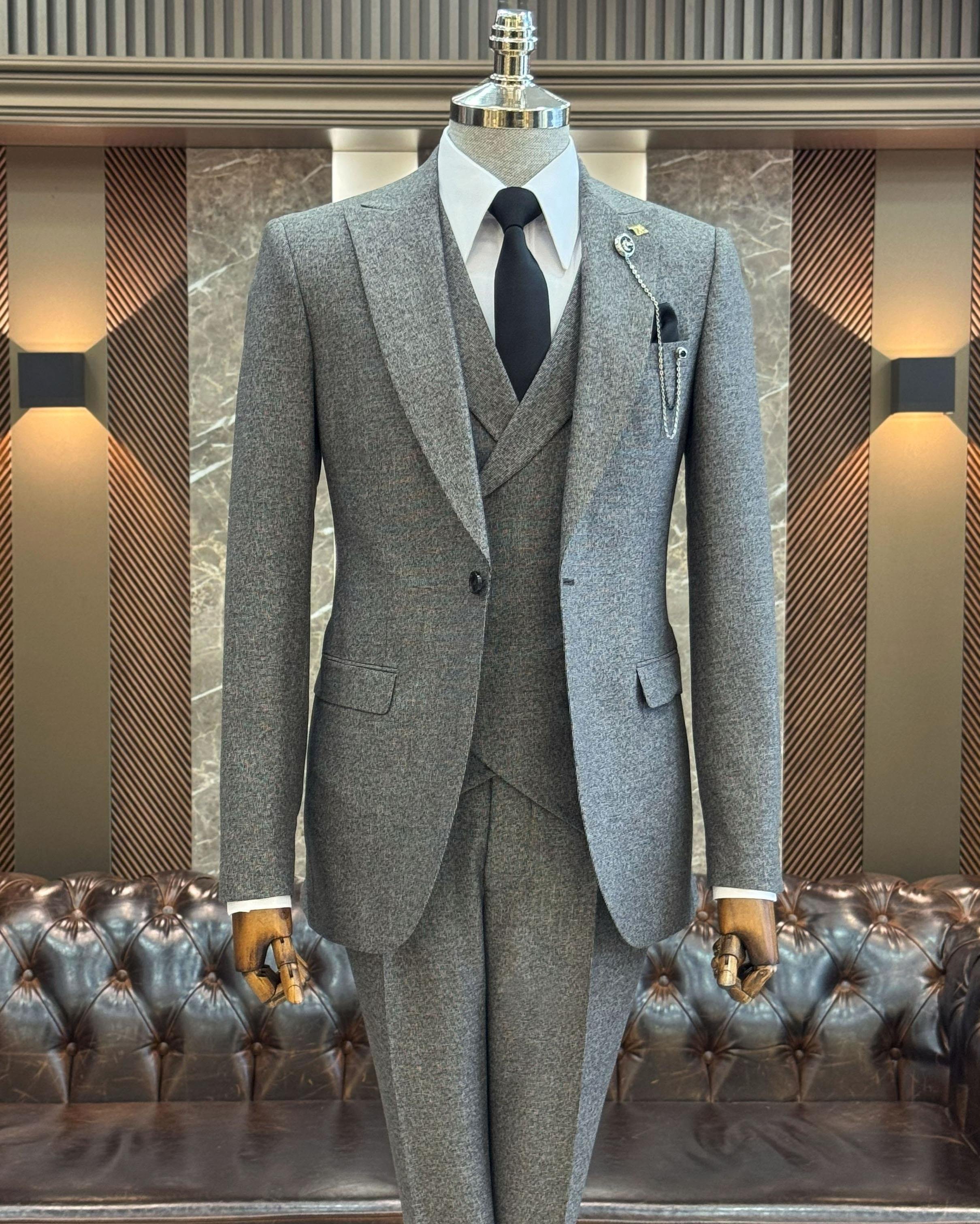 İtalyan stil slim fit erkek ceket yelek pantolon takım elbise kahverengi T11018