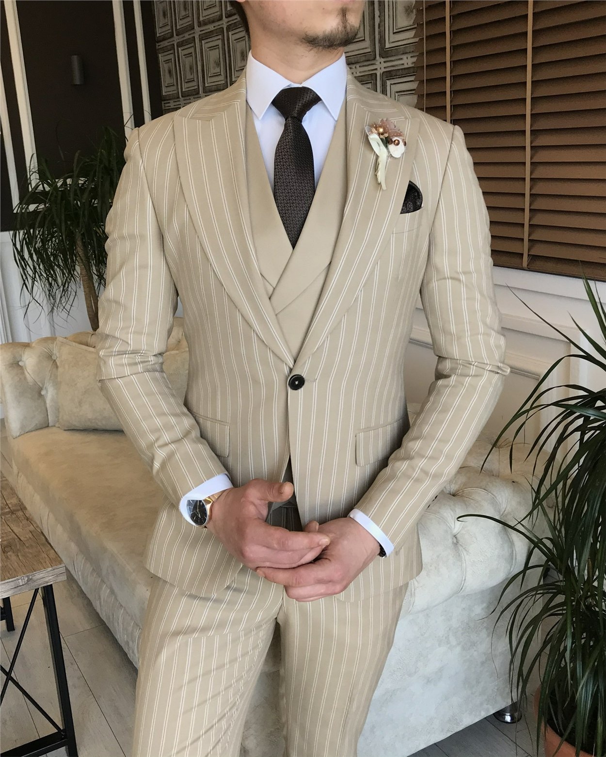 İtalyan stil slim fit erkek ceket yelek pantolon takım elbise bej T5941