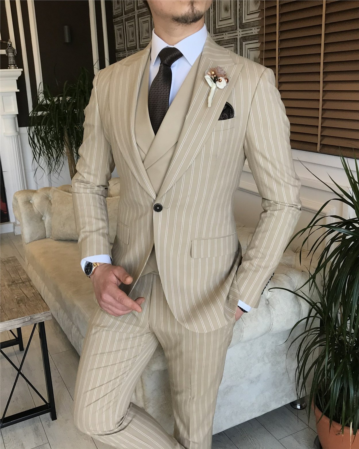 İtalyan stil slim fit erkek ceket yelek pantolon takım elbise bej T5941