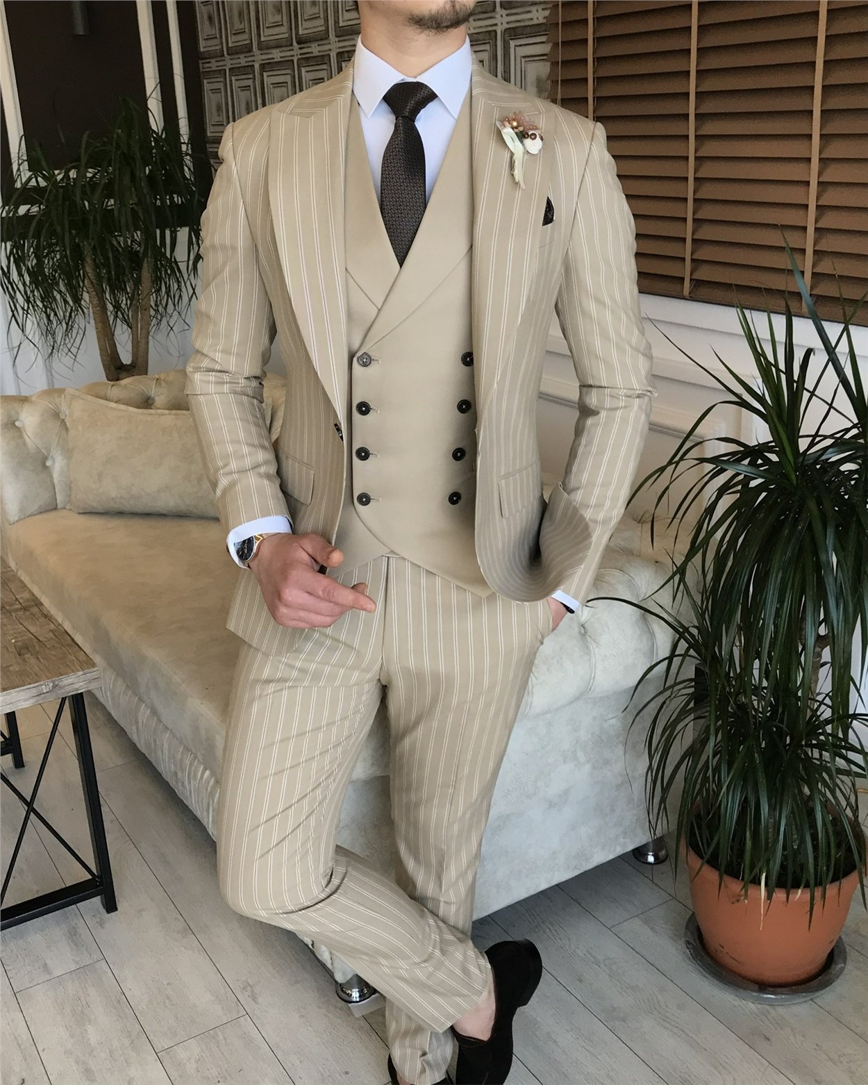 İtalyan stil slim fit erkek ceket yelek pantolon takım elbise bej T5941