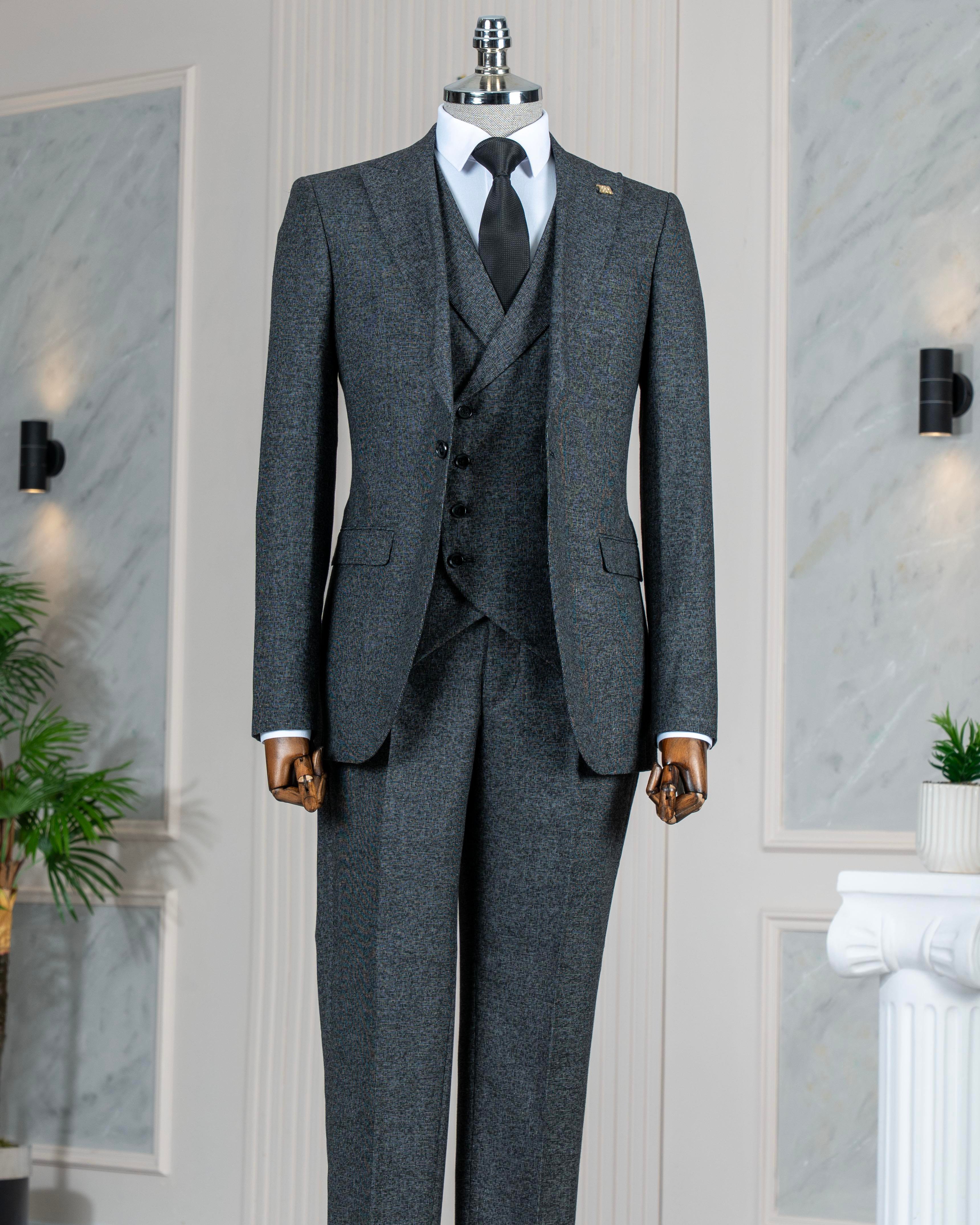 Italian style slim fit men's jacket vest pants suit black T11020
