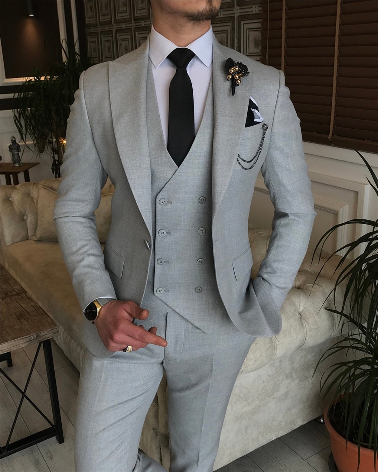 İtalyan stil slim fit erkek ceket yelek pantolon takım elbise Gri T5898