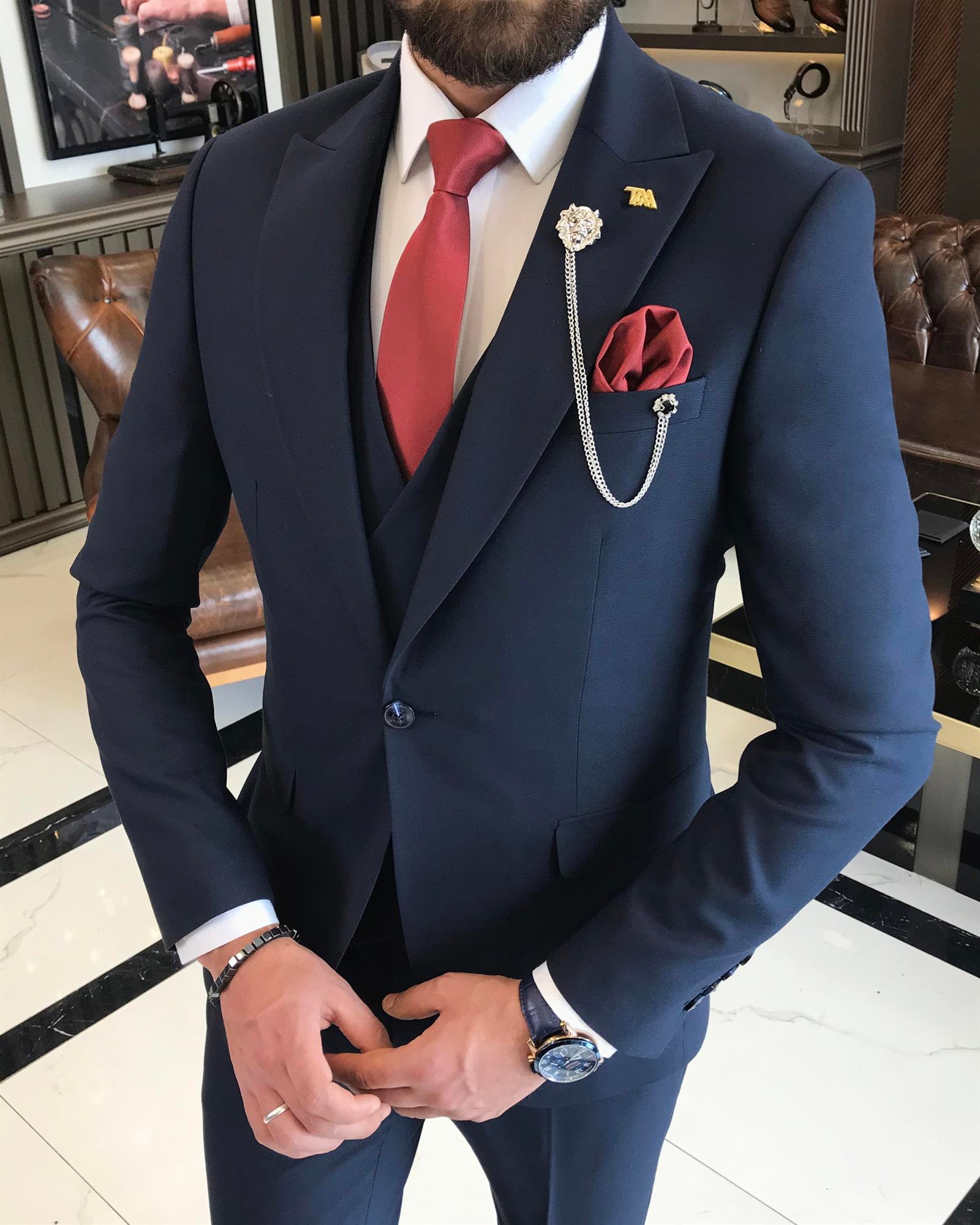 Italian style slim fit men's jacket vest pant suit navy blue T9526