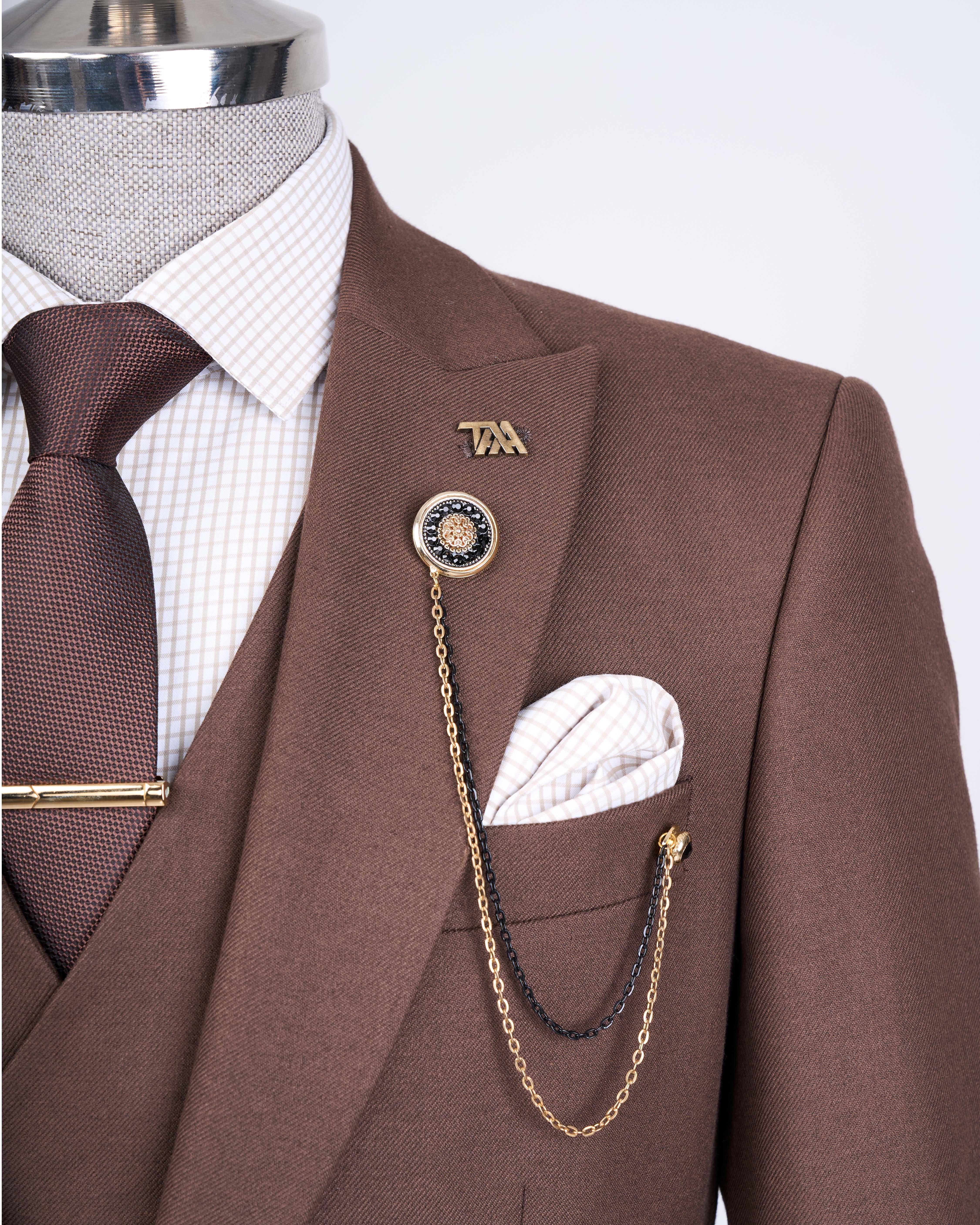 Italian style slim fit men's jacket vest pants suit brown T13463