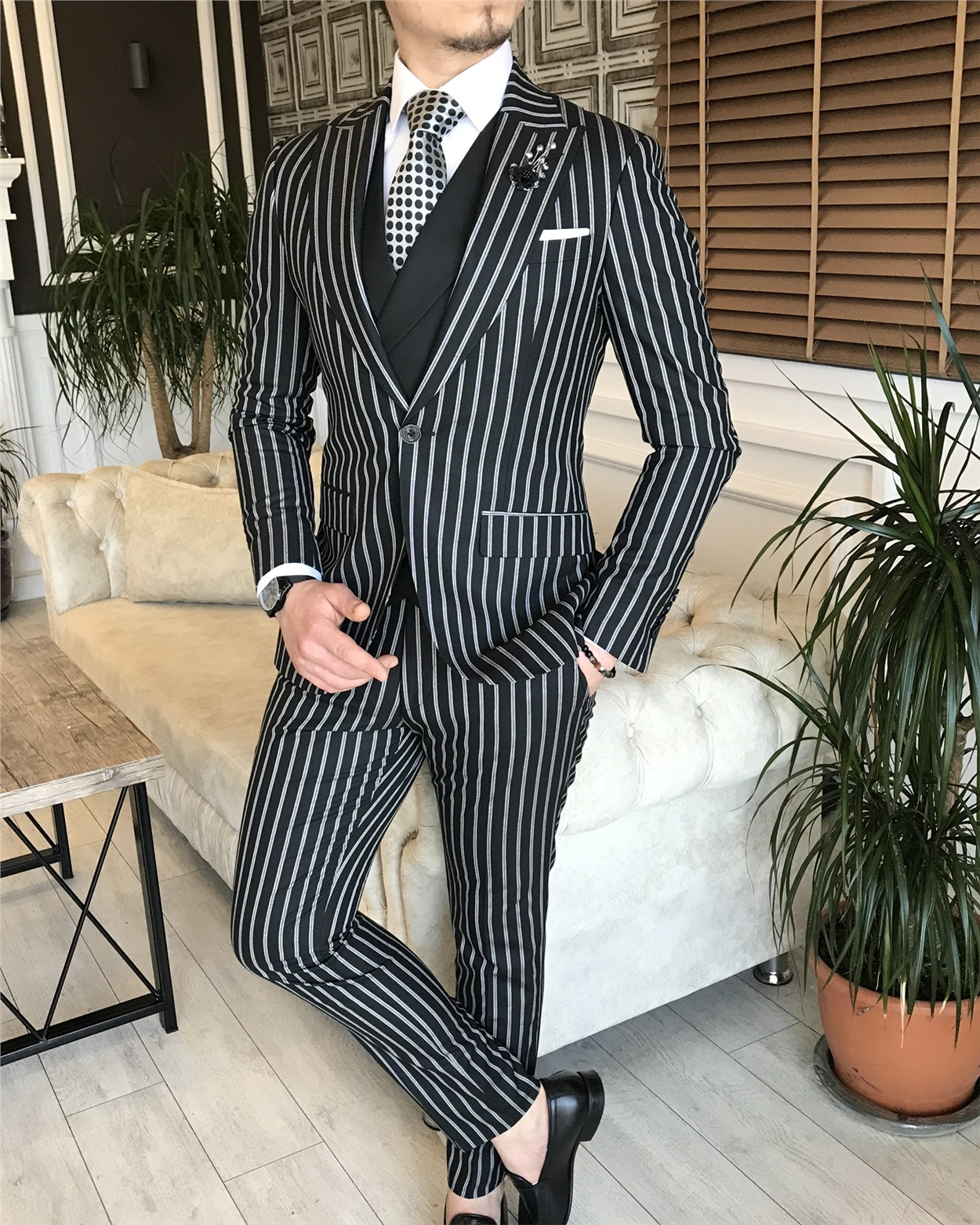 İtalyan stil slim fit erkek ceket yelek pantolon takım elbise siyah T5938