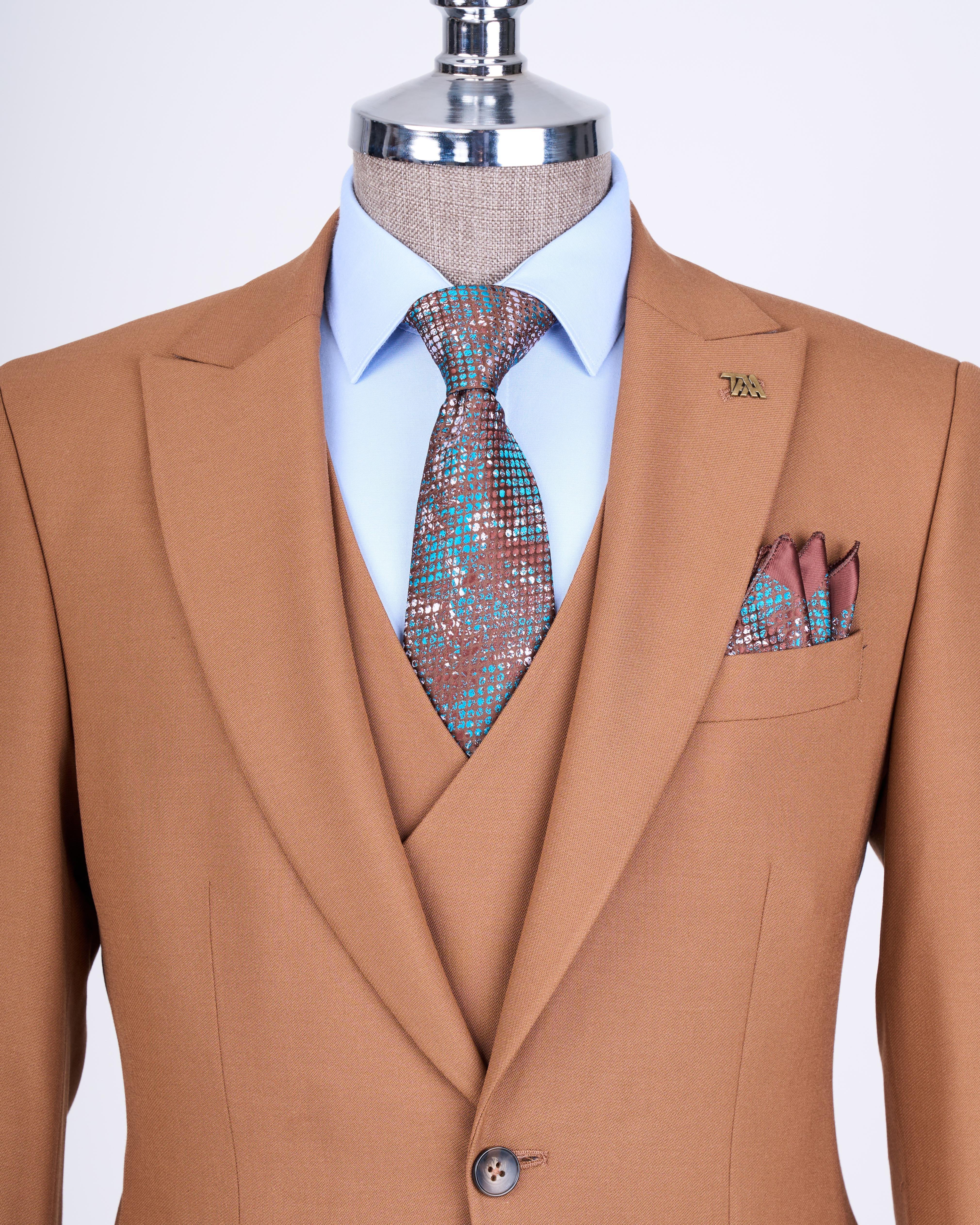Italian style slim fit men's jacket vest pants suit tan T12978