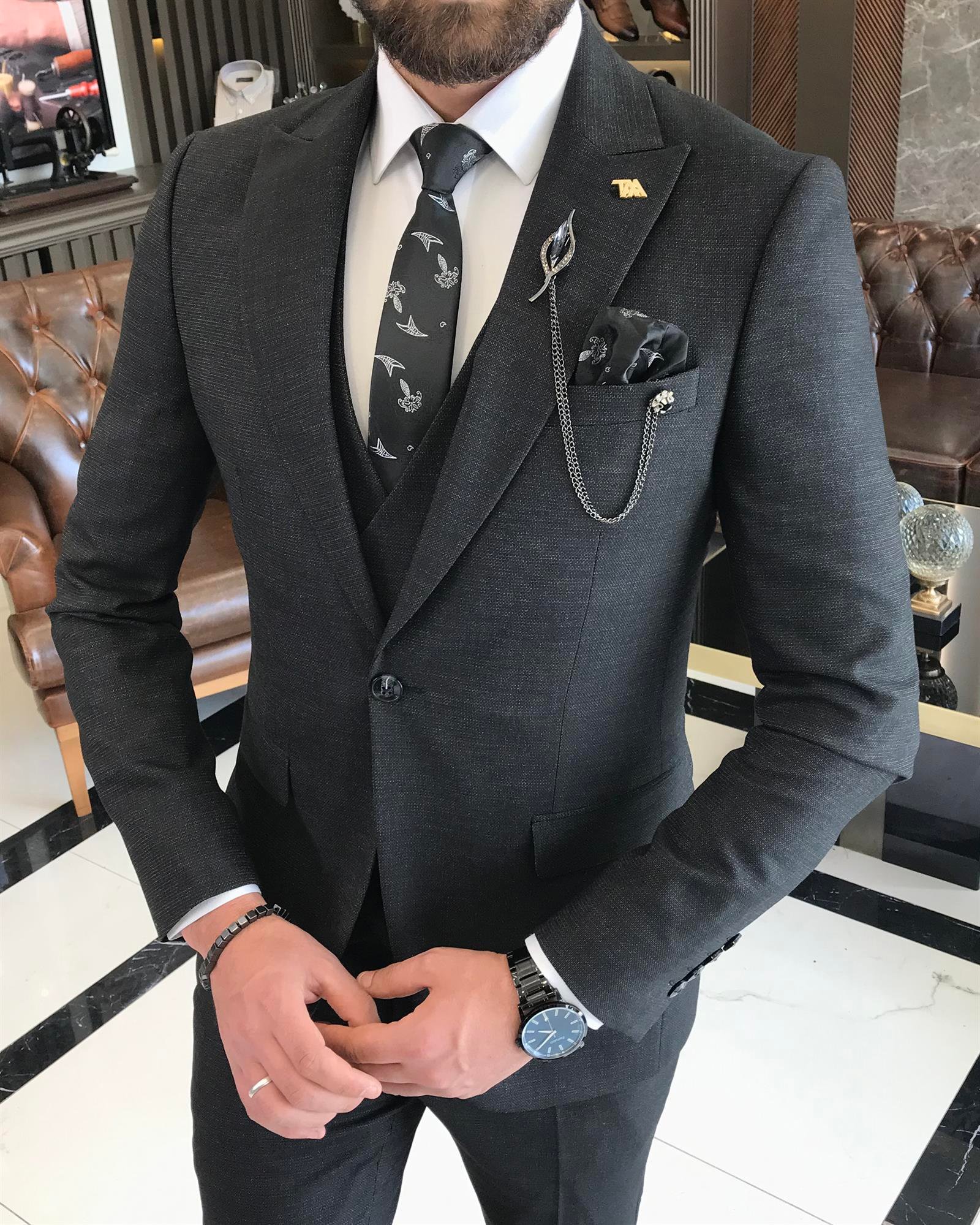 İtalyan stil slim fit erkek ceket yelek pantolon takım elbise siyah T9529