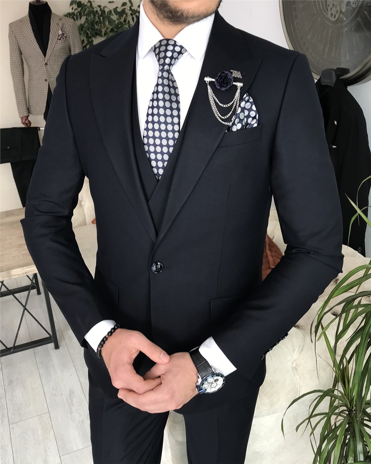 İtalyan stil slim fit erkek ceket yelek pantolon takım elbise Lacivert T8394