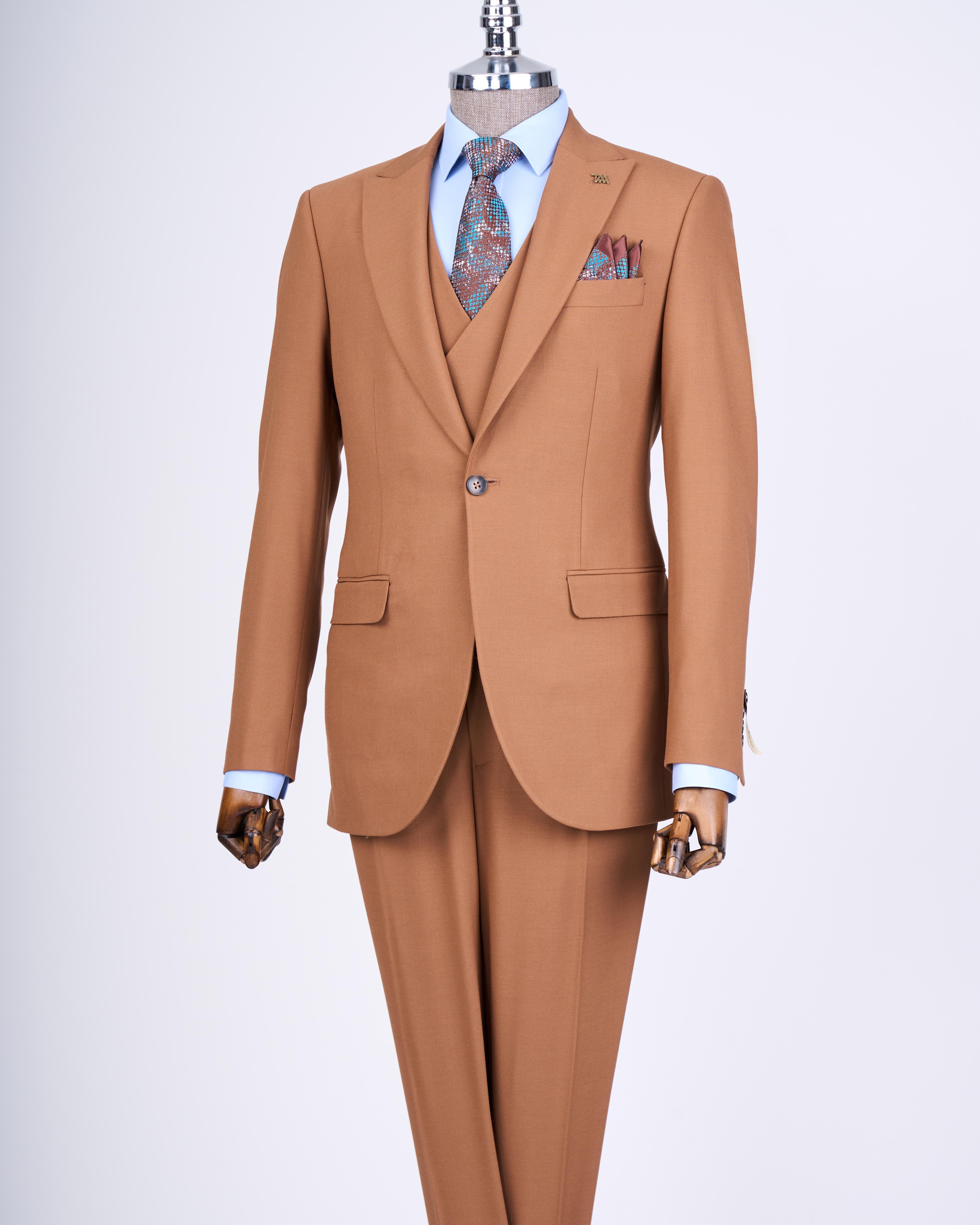 Italian style slim fit men's jacket vest pants suit tan T12978