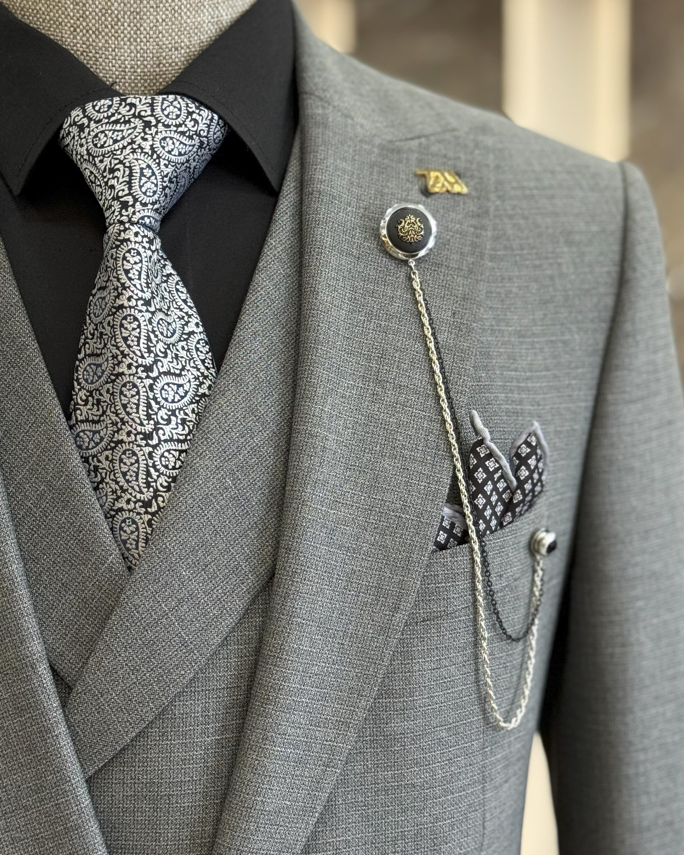 Italian style slim fit men's jacket vest trouser suit Gray T10785