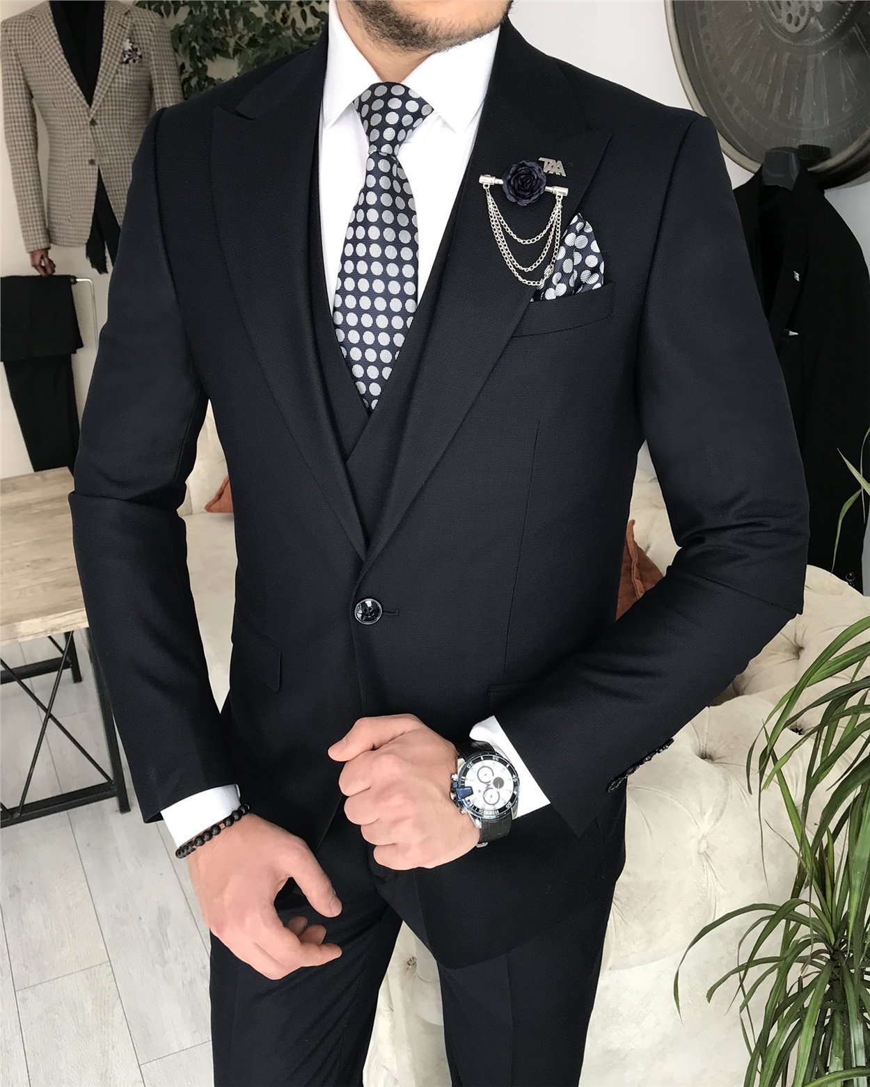İtalyan stil slim fit erkek ceket yelek pantolon takım elbise Lacivert T8394