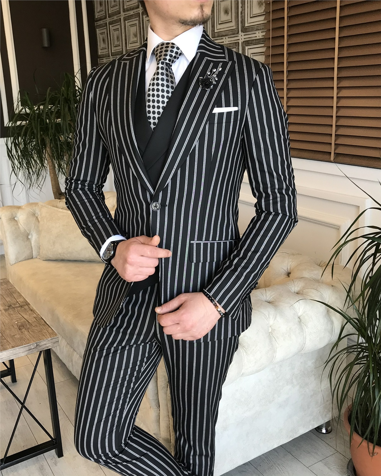 İtalyan stil slim fit erkek ceket yelek pantolon takım elbise siyah T5938