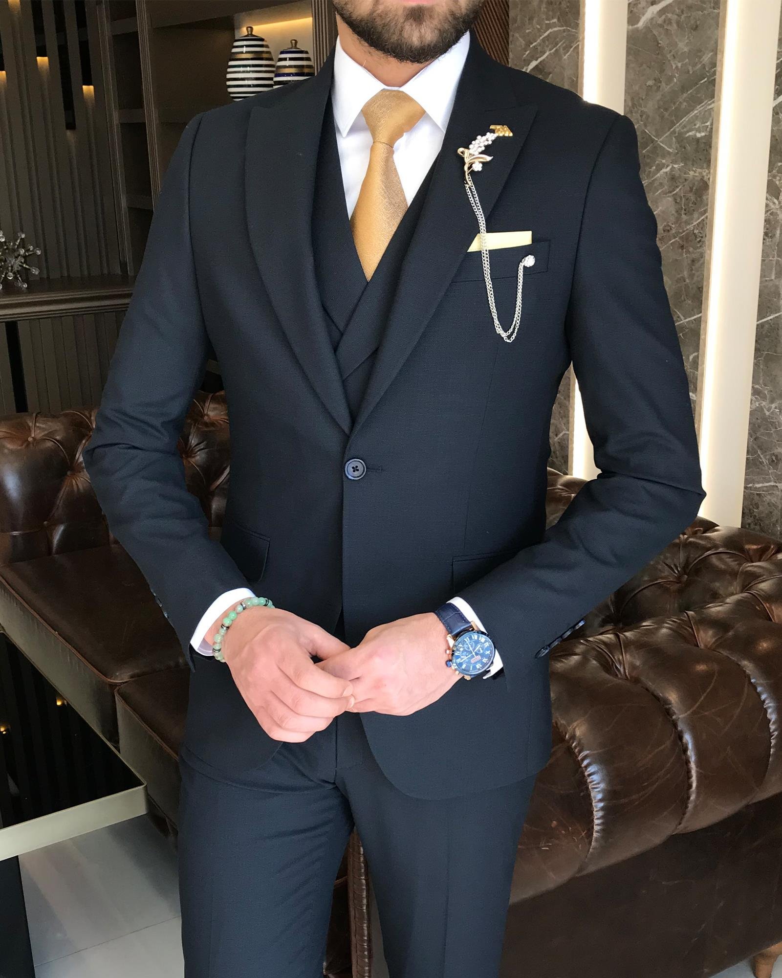 Italian style slim fit men's jacket vest pant suit navy blue T9134