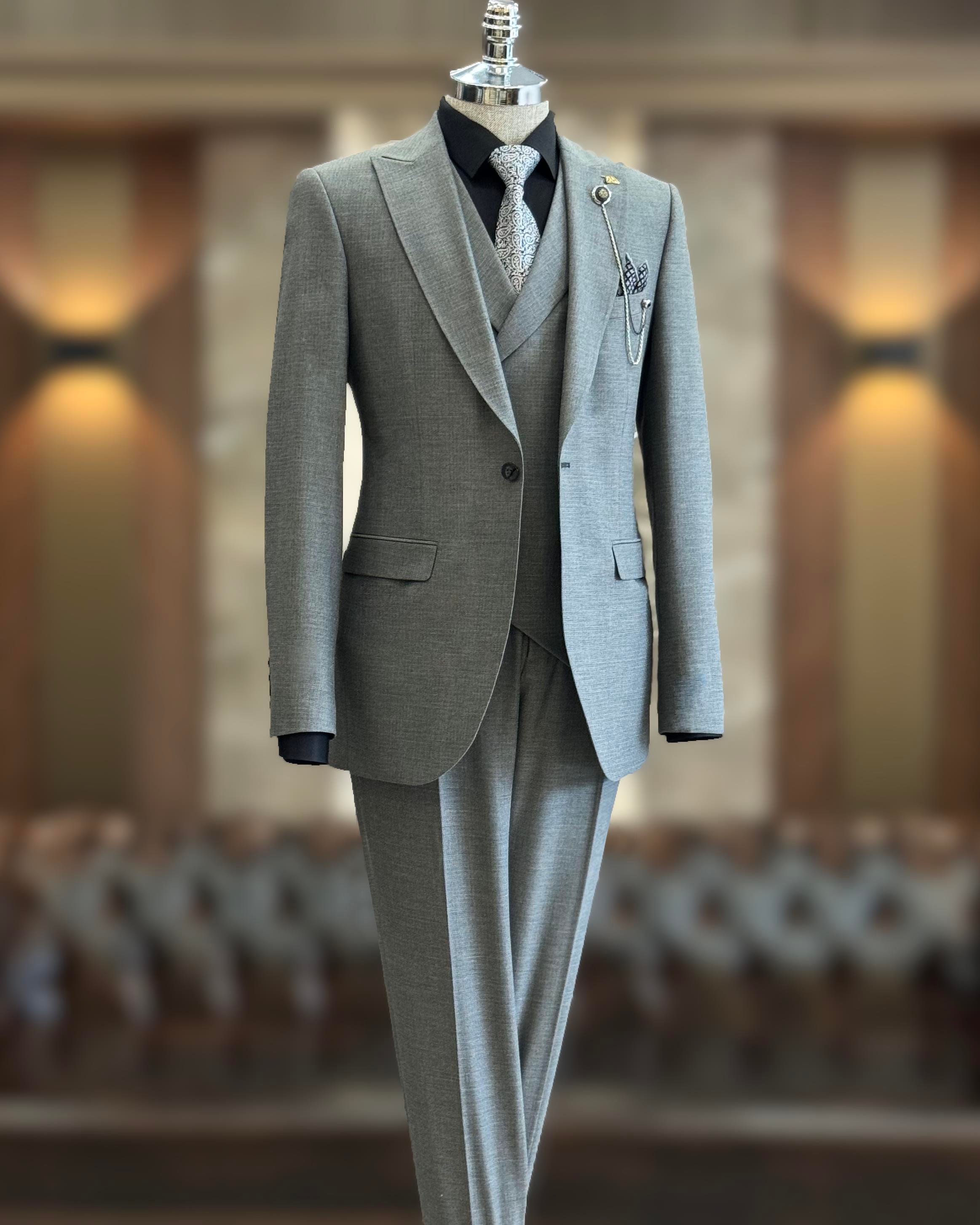 Italian style slim fit men's jacket vest trouser suit Gray T10785