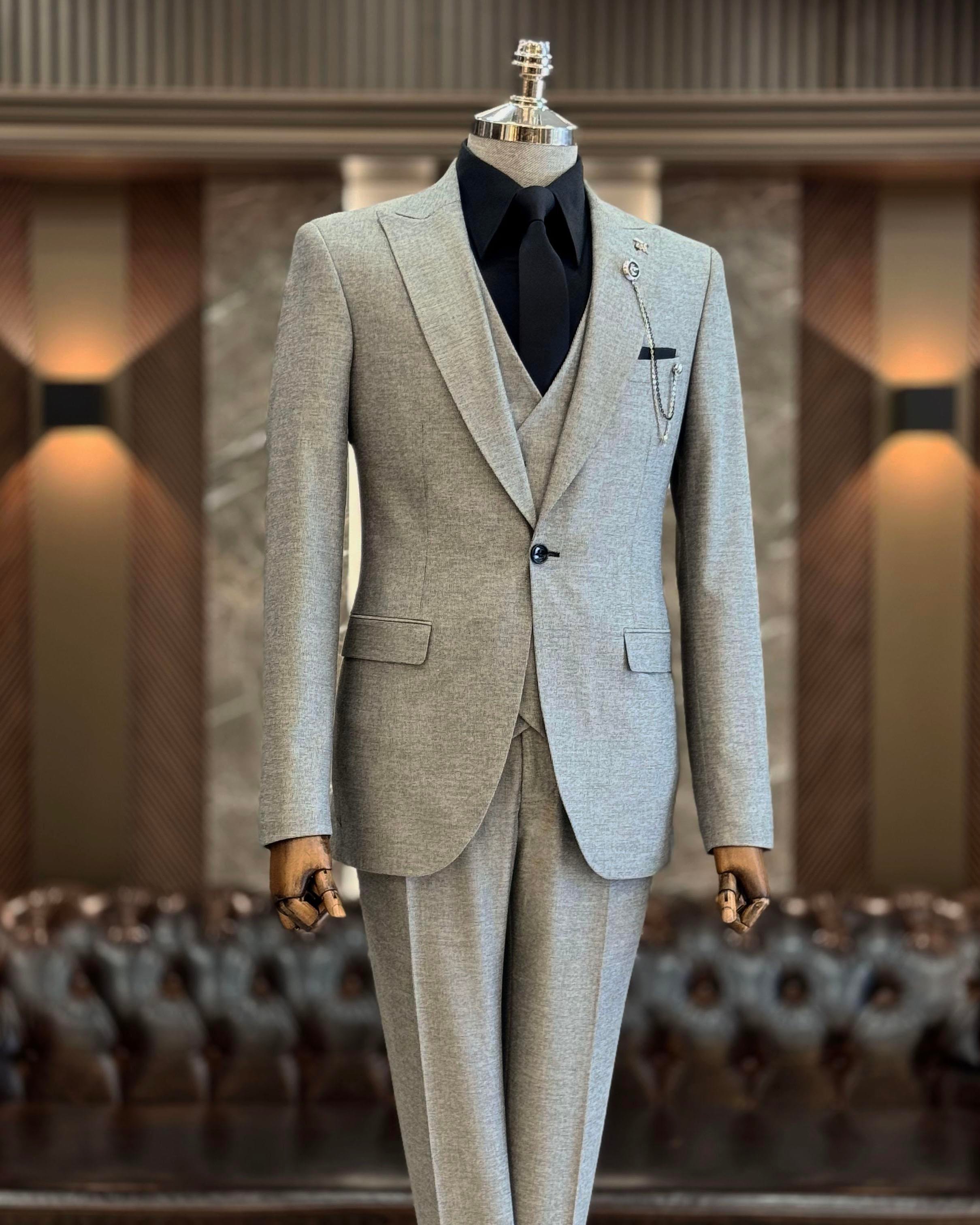 İtalyan stil slim fit erkek ceket yelek pantolon takım elbise Gri T9933