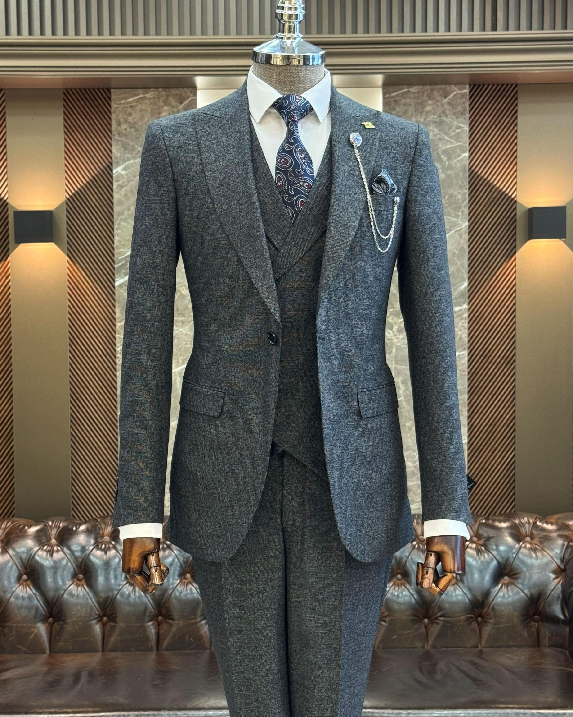 İtalyan stil slim fit erkek ceket yelek pantolon takım elbise lacivert T11213