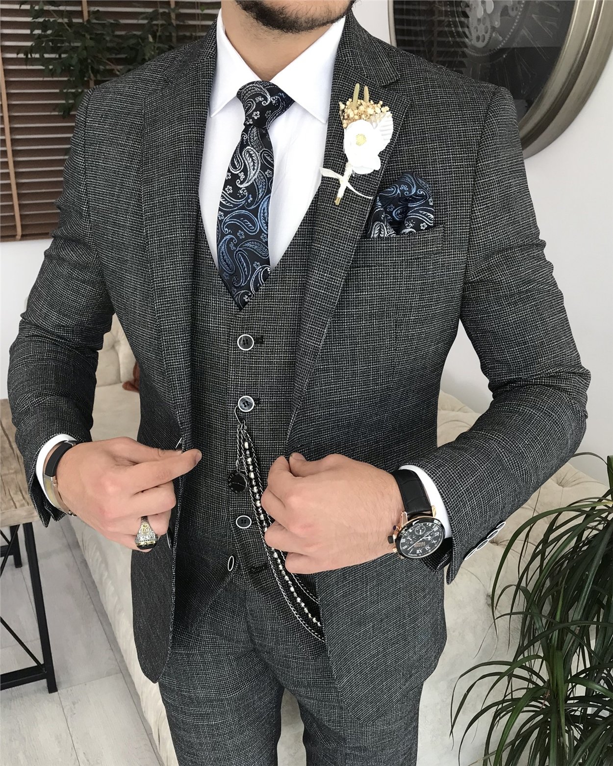 İtalyan stil slim fit erkek ceket yelek pantolon takım elbise Siyah T8075