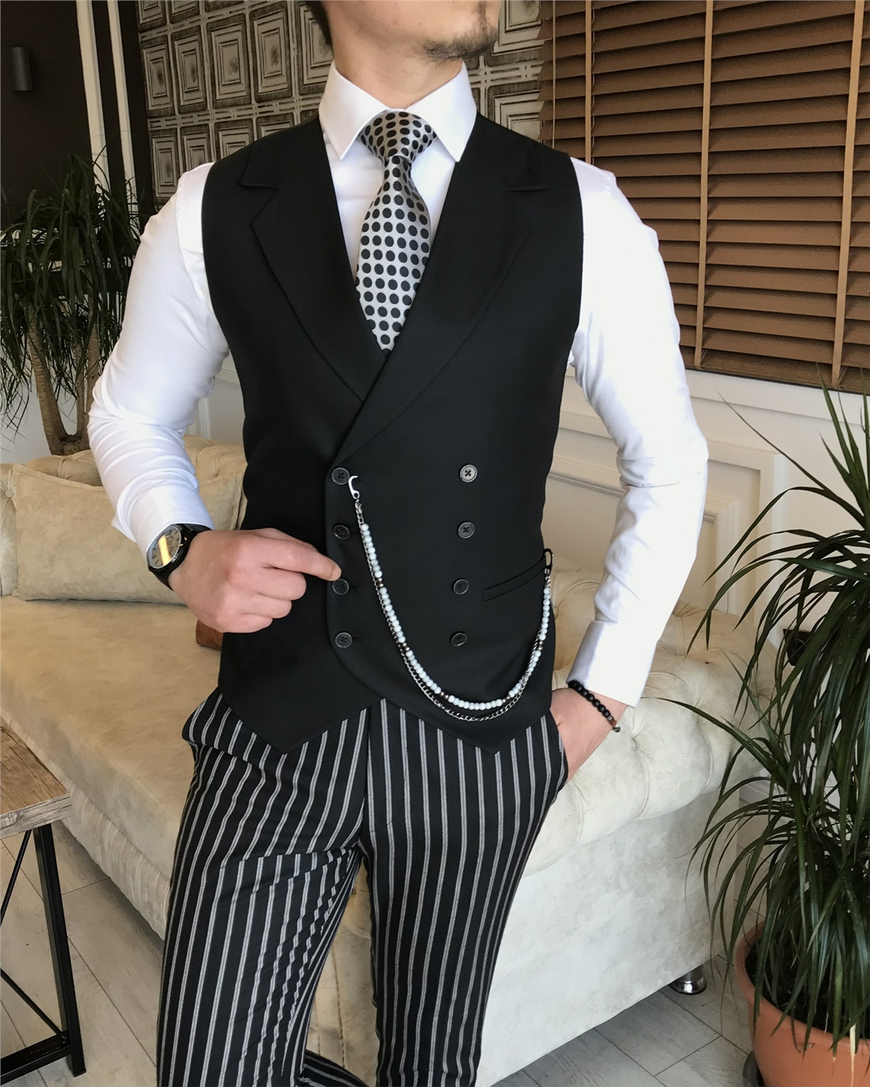 İtalyan stil slim fit erkek ceket yelek pantolon takım elbise siyah T5938