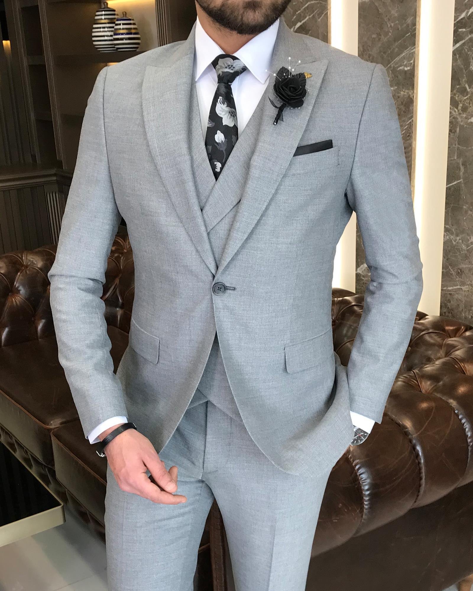 Italian style slim fit men's jacket vest pant suit gray T9115