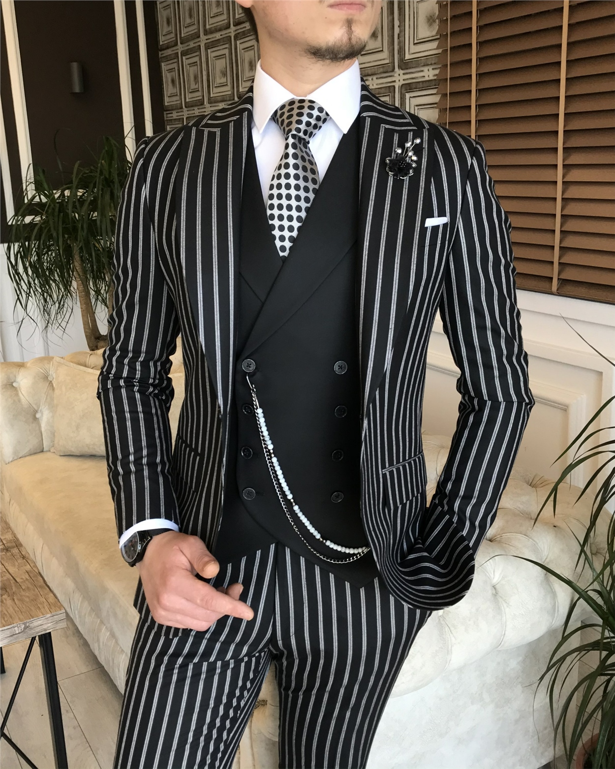 İtalyan stil slim fit erkek ceket yelek pantolon takım elbise siyah T5938