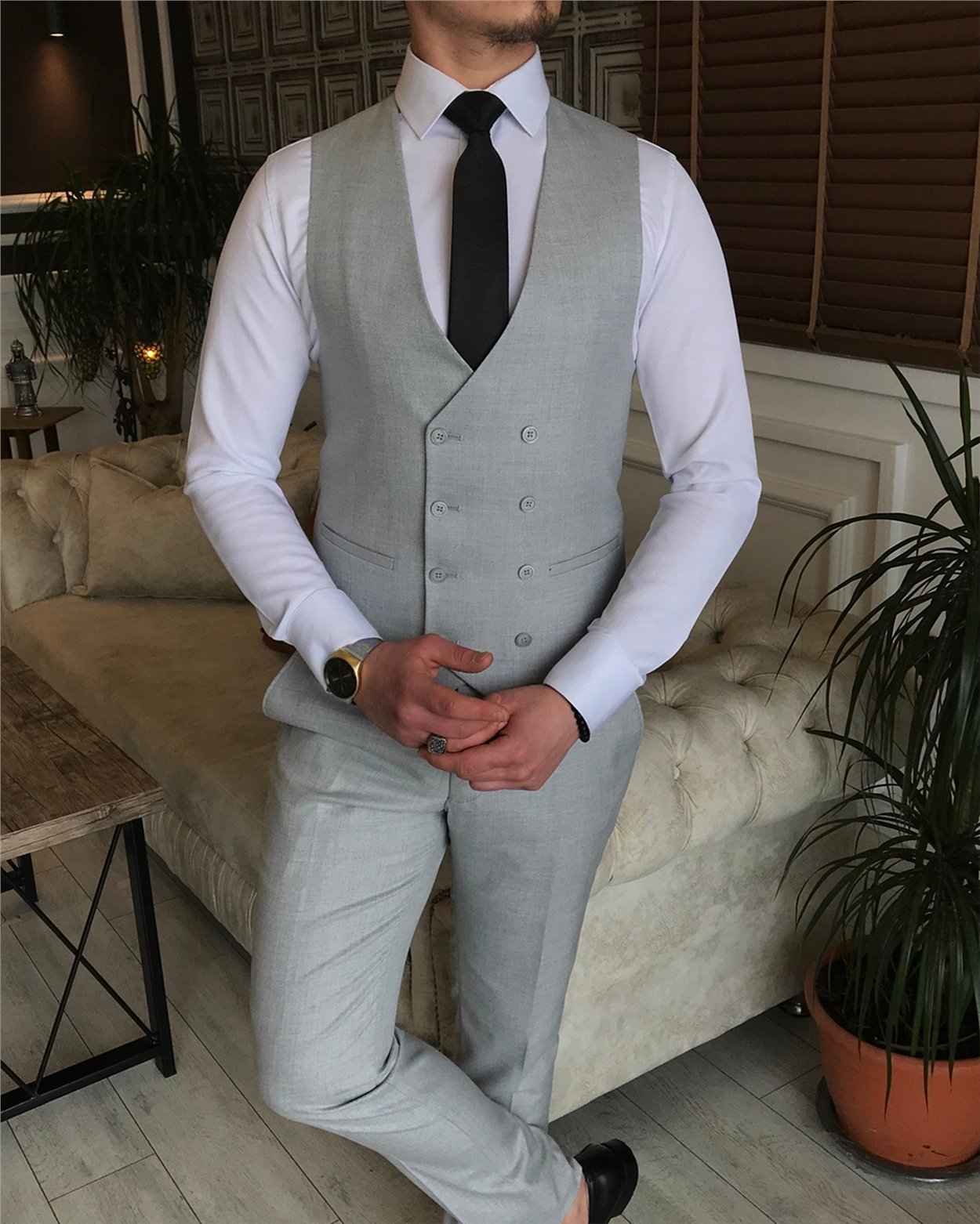 İtalyan stil slim fit erkek ceket yelek pantolon takım elbise Gri T5898