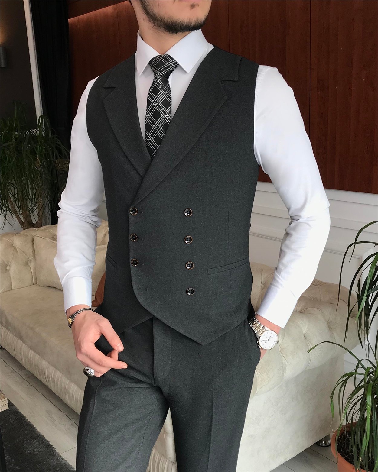 İtalyan stil slim fit erkek ceket yelek pantolon takım elbise antrasit T6645