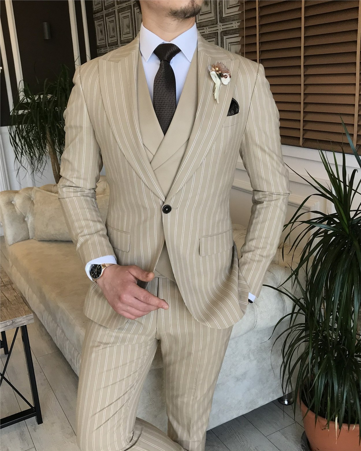 İtalyan stil slim fit erkek ceket yelek pantolon takım elbise bej T5941