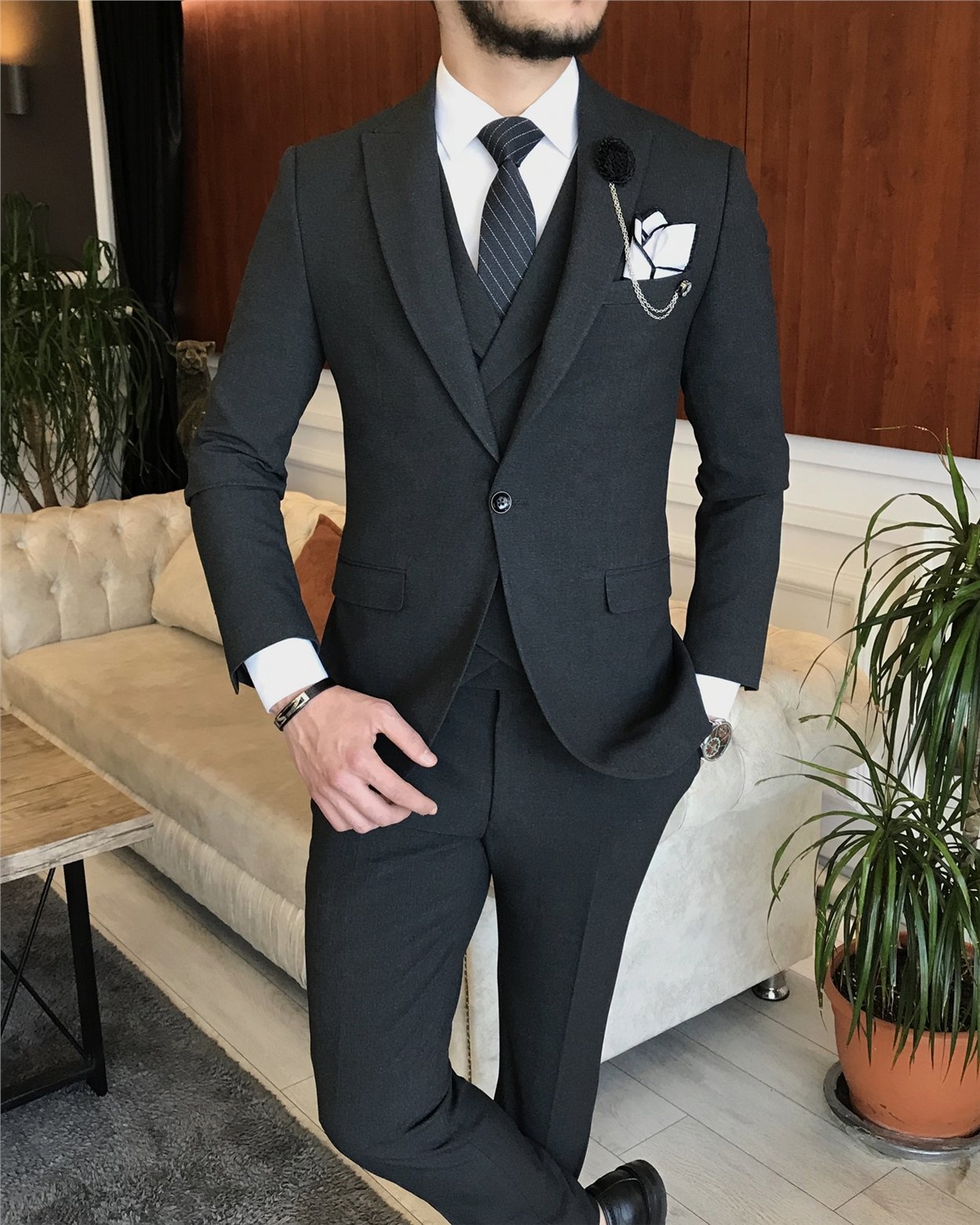 İtalyan stil slim fit erkek ceket yelek pantolon takım elbise antrasit T6645