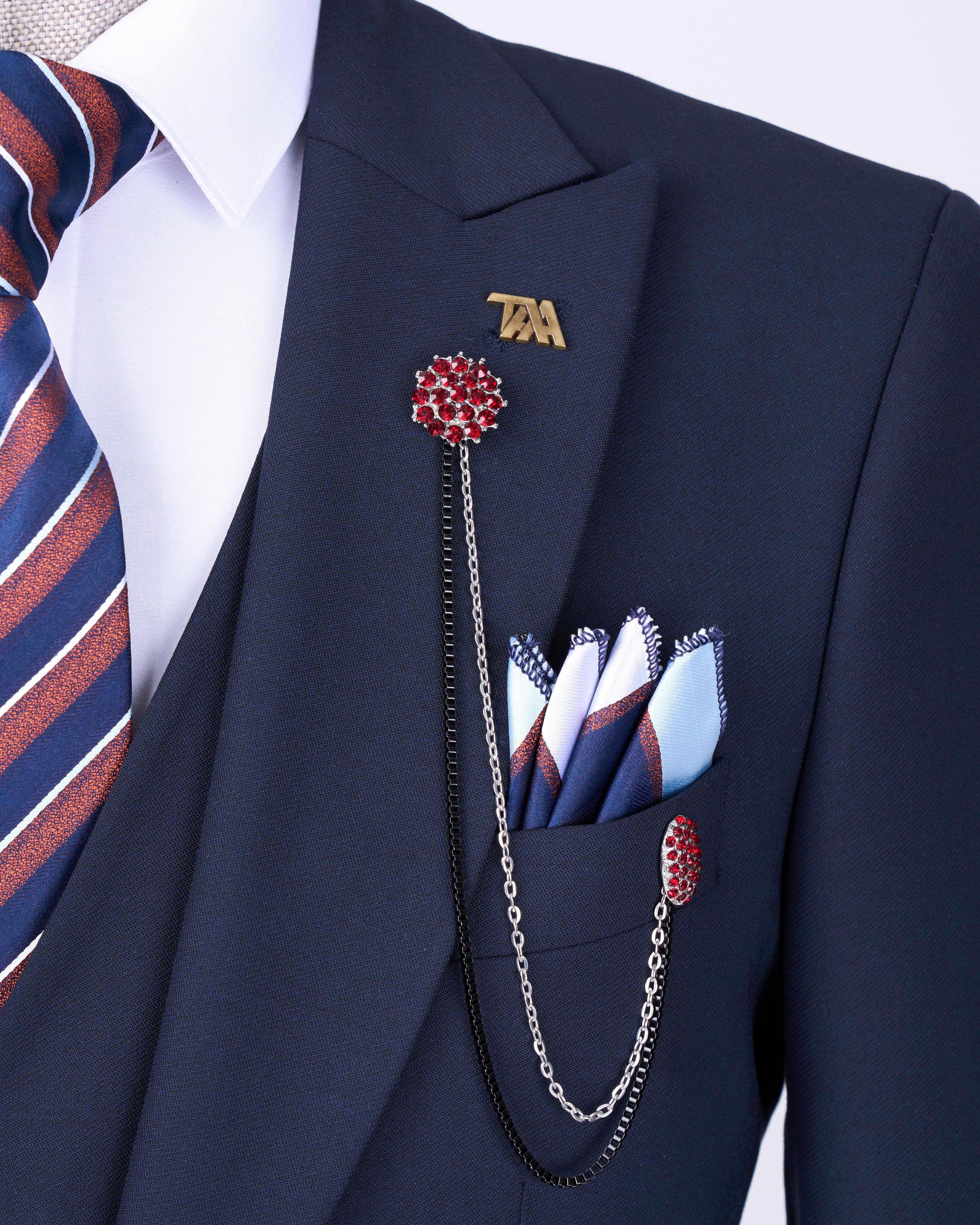 Italian style slim fit men's jacket vest pants suit navy blue T12994