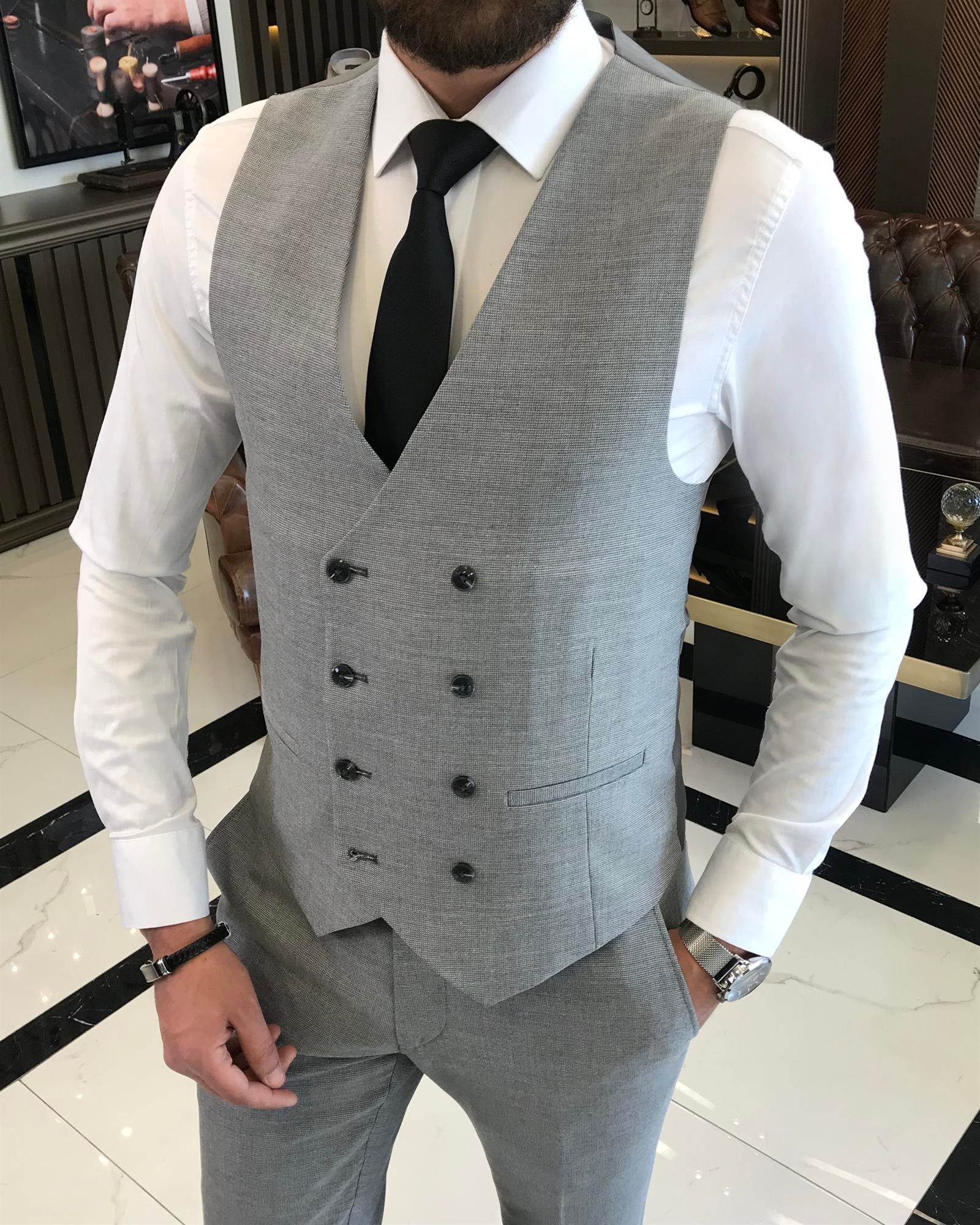 Italian style slim fit men's jacket vest pant suit gray T9523