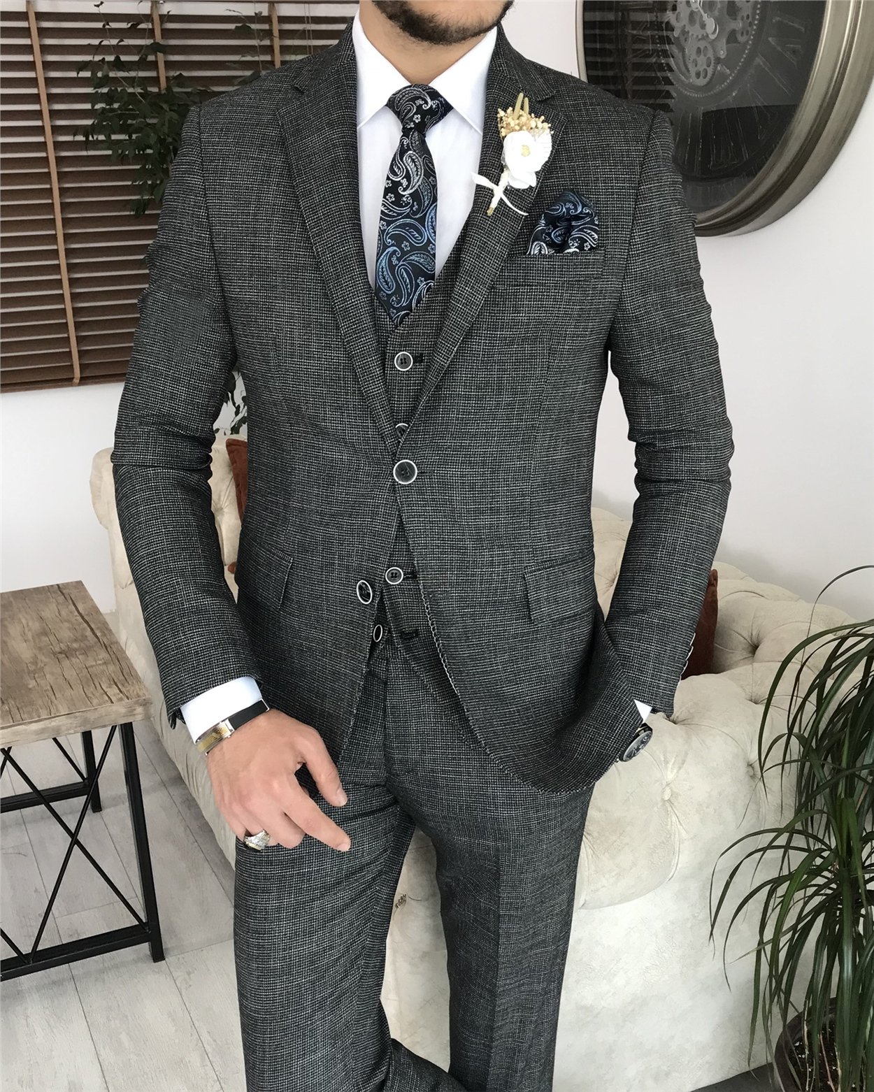 İtalyan stil slim fit erkek ceket yelek pantolon takım elbise Siyah T8075