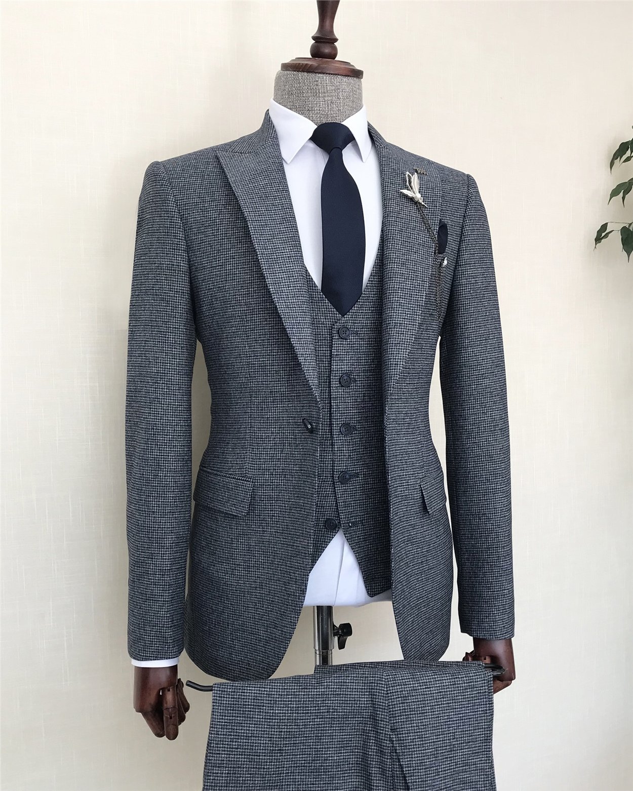 İtalyan stil slim fit erkek ceket yelek pantolon takım elbise Lacivert T8431